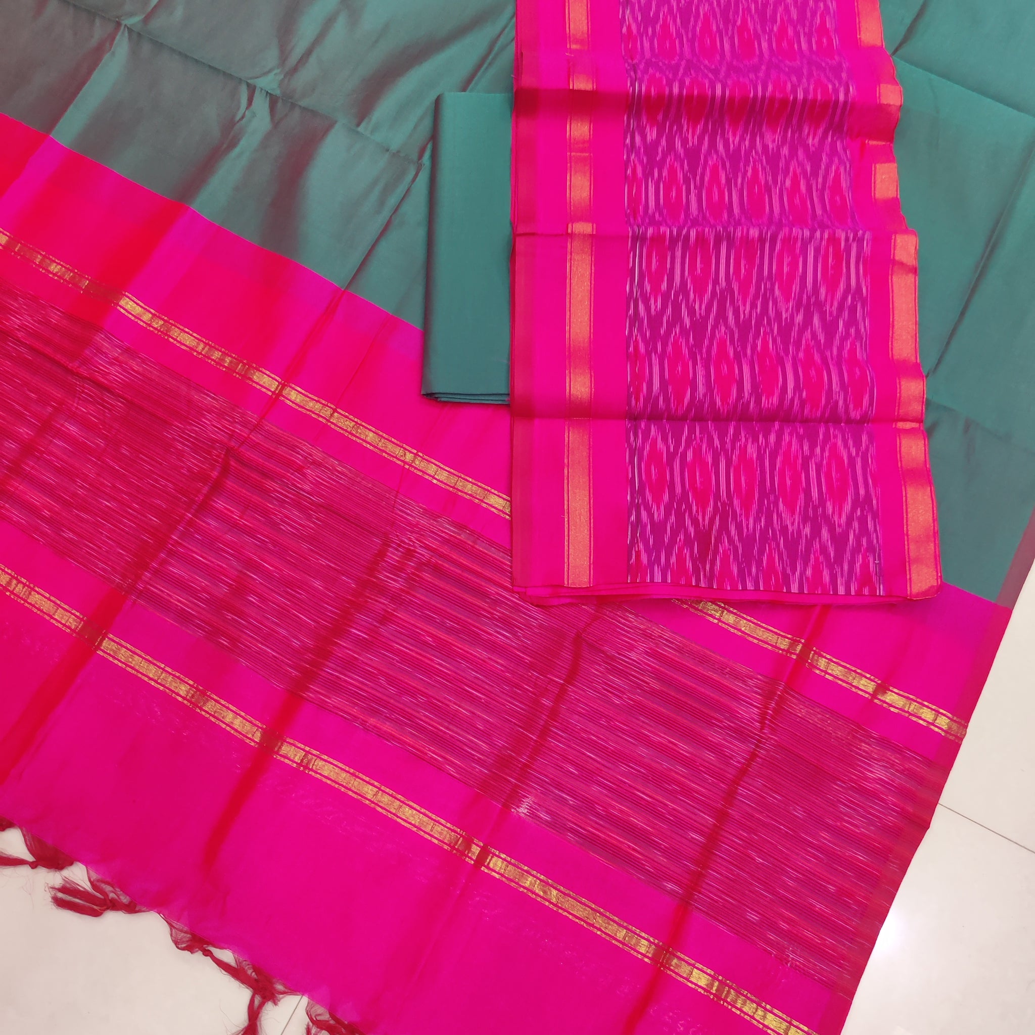 Pink - 3PC HANDLOOM SILK COTTON POCHAMPALLY IKAT DRESS MATERIAL SET 07