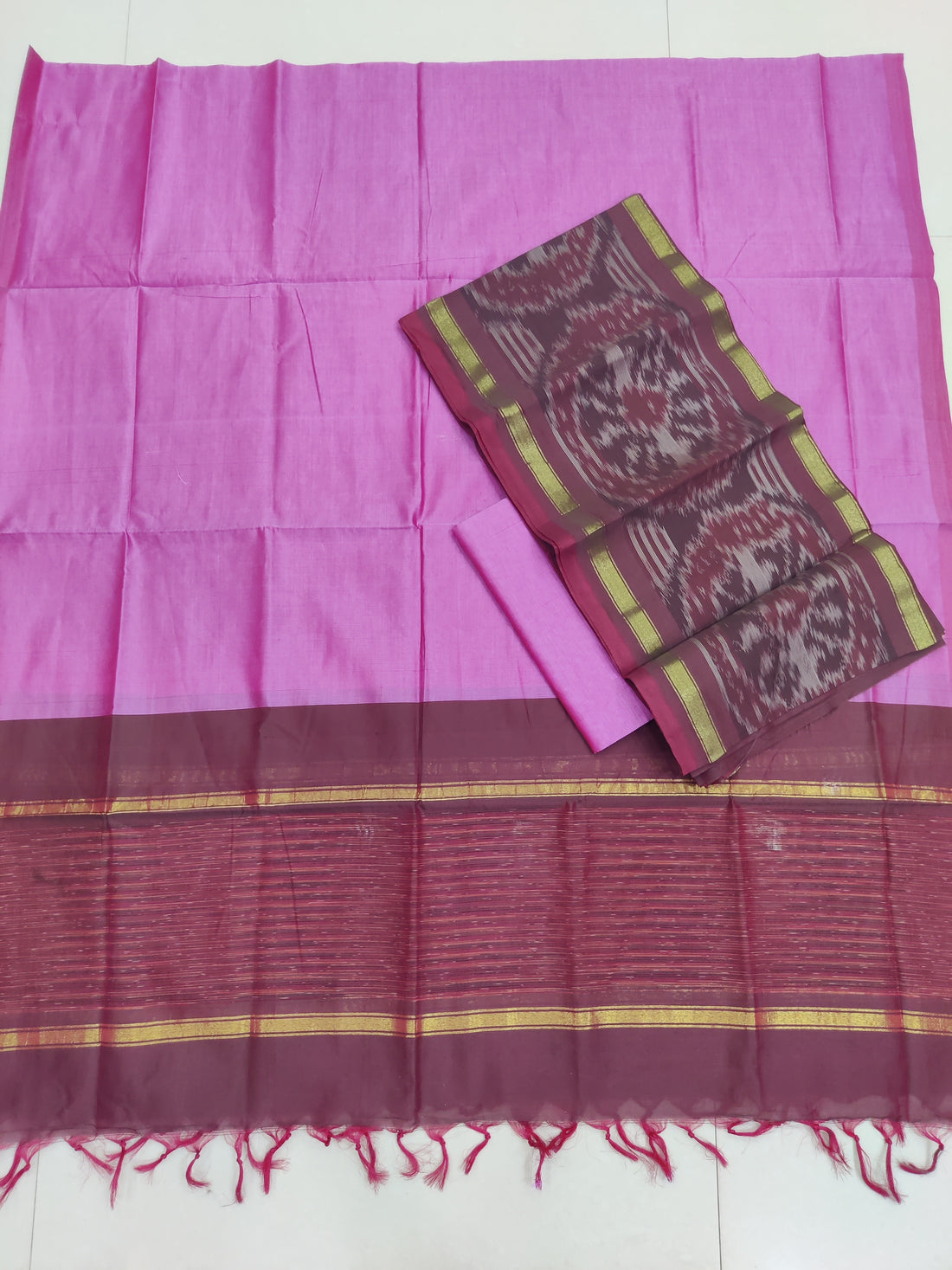 Pink - 3PC HANDLOOM SILK COTTON POCHAMPALLY IKAT DRESS MATERIAL SET 09