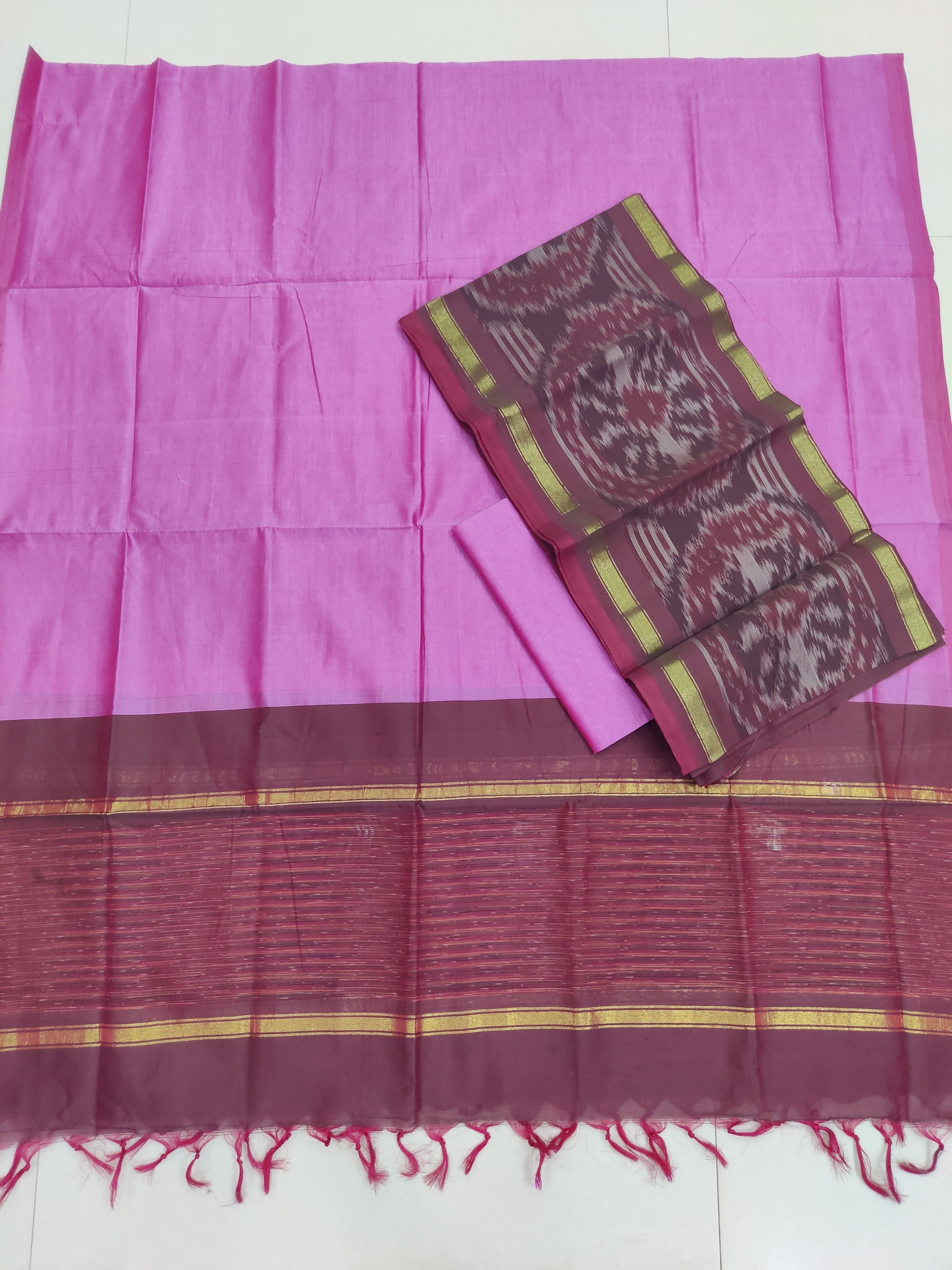Pink - 3PC HANDLOOM SILK COTTON POCHAMPALLY IKAT DRESS MATERIAL SET 09