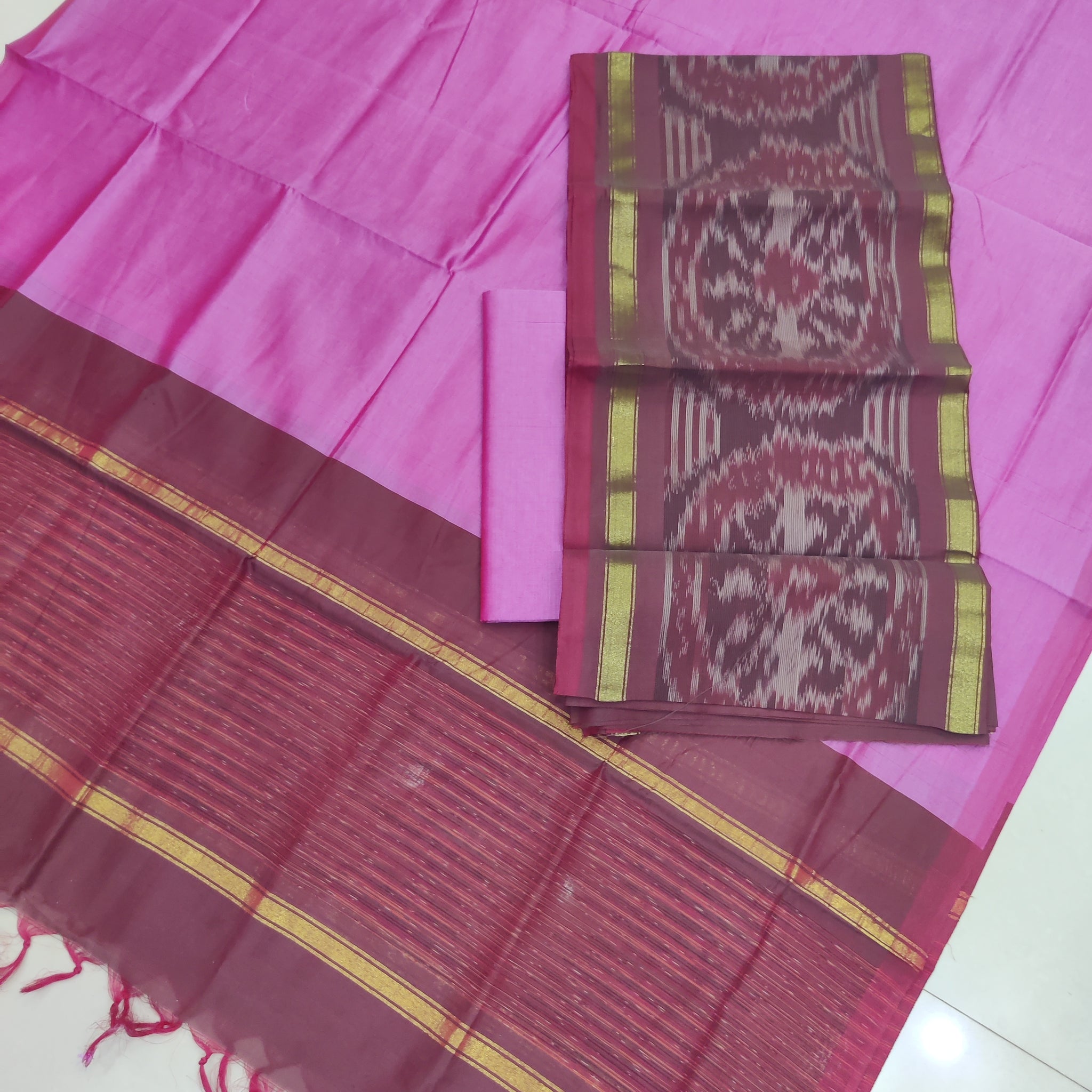 Pink - 3PC HANDLOOM SILK COTTON POCHAMPALLY IKAT DRESS MATERIAL SET 09