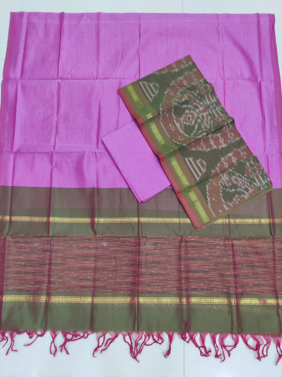 Pink - 3PC HANDLOOM SILK COTTON POCHAMPALLY IKAT DRESS MATERIAL SET 10
