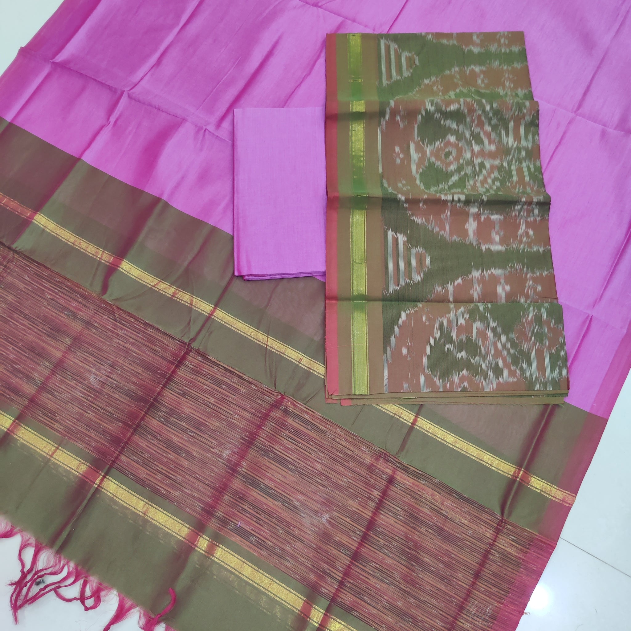 Pink - 3PC HANDLOOM SILK COTTON POCHAMPALLY IKAT DRESS MATERIAL SET 10