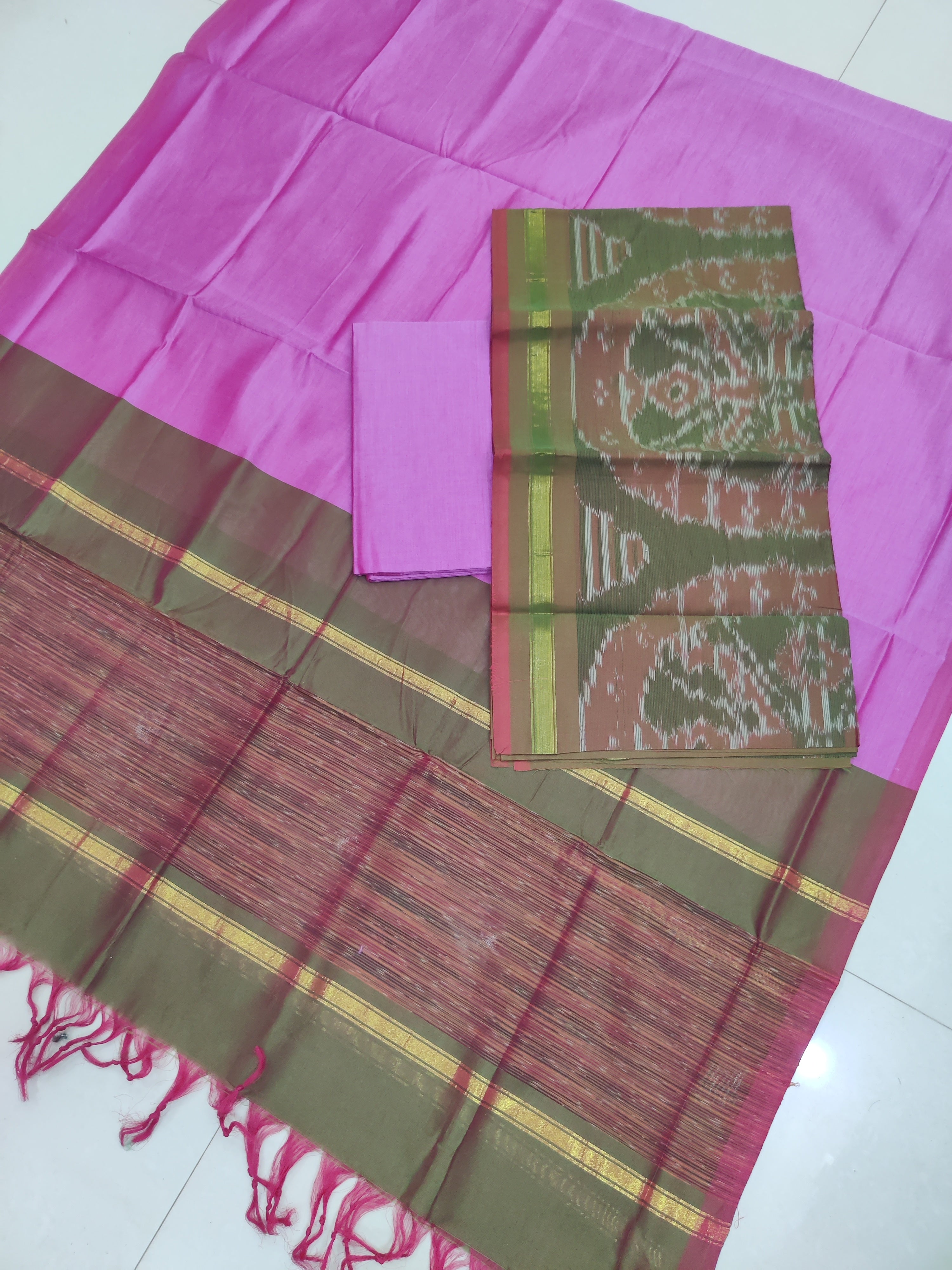Pink - 3PC HANDLOOM SILK COTTON POCHAMPALLY IKAT DRESS MATERIAL SET 10