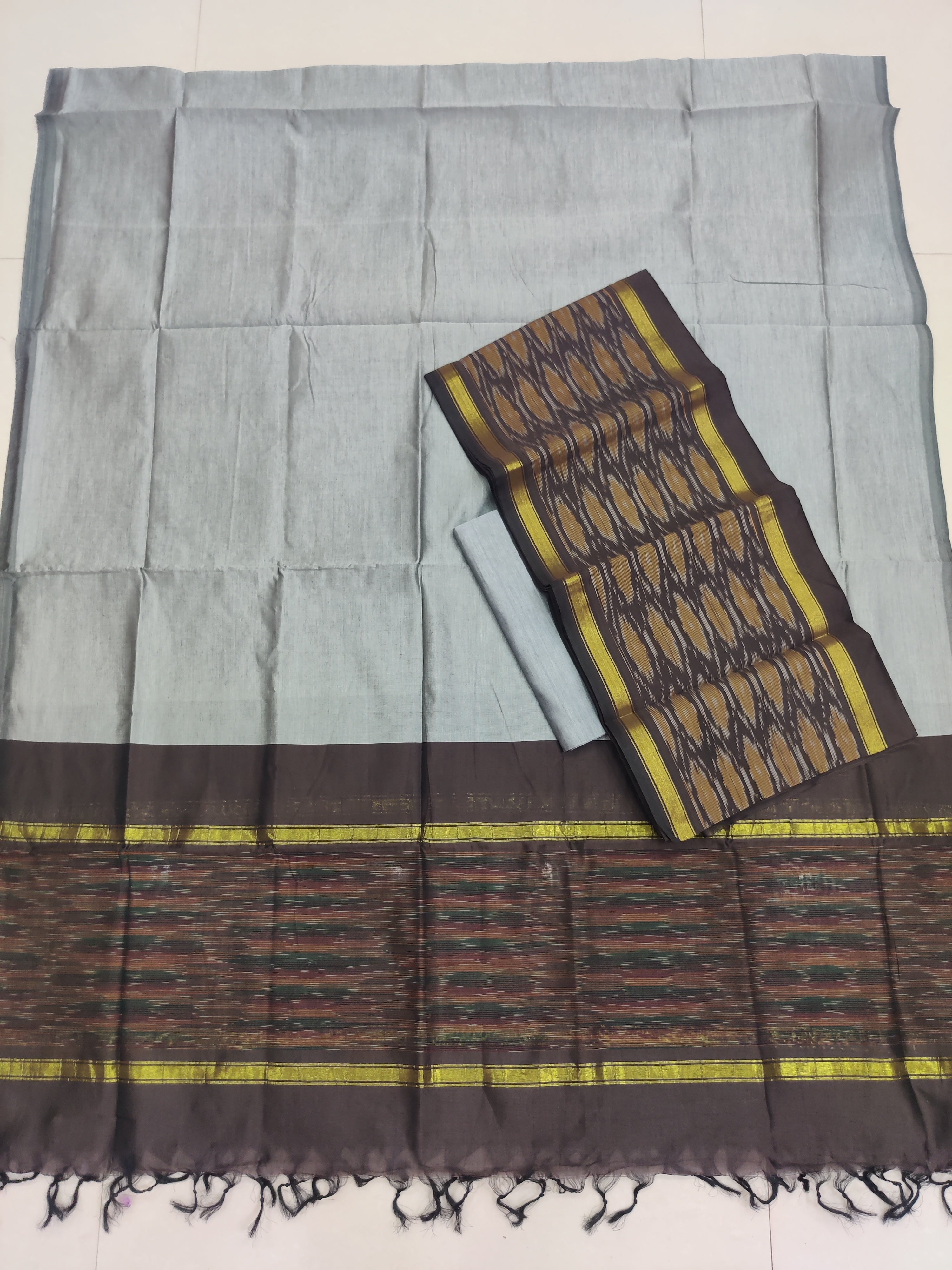 Gray - 3PC HANDLOOM SILK COTTON POCHAMPALLY IKAT DRESS MATERIAL SET 10