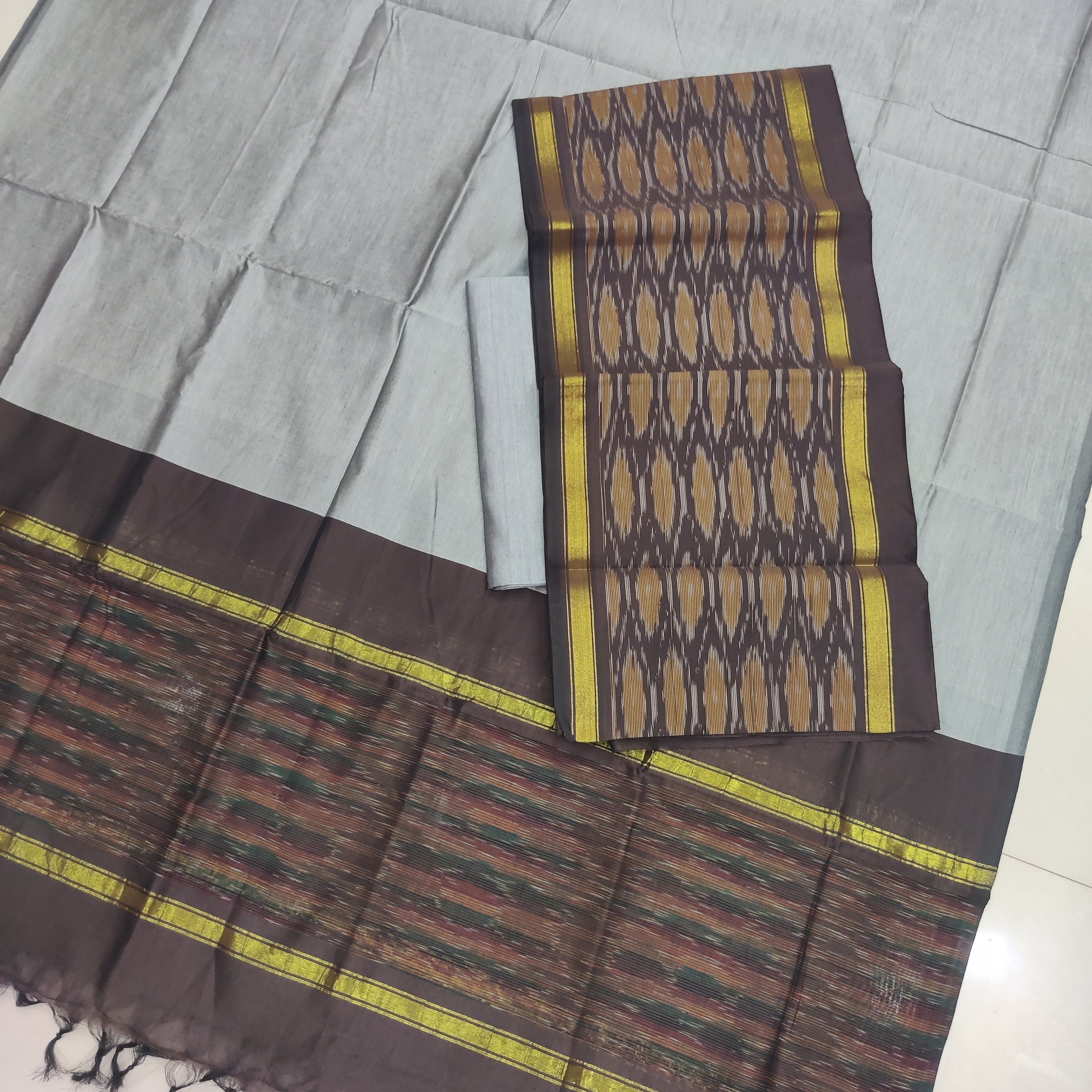 Gray - 3PC HANDLOOM SILK COTTON POCHAMPALLY IKAT DRESS MATERIAL SET 10