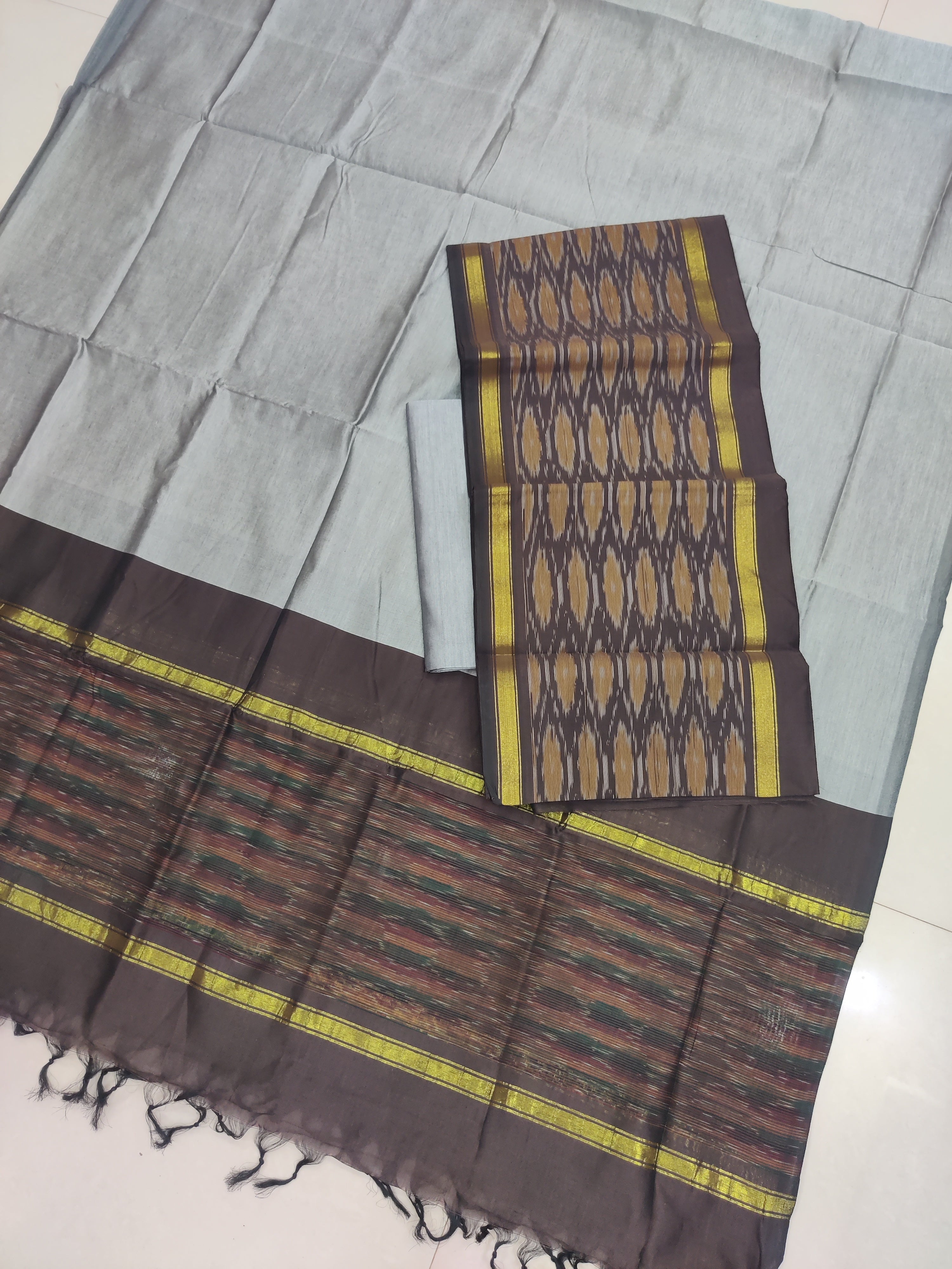 Gray - 3PC HANDLOOM SILK COTTON POCHAMPALLY IKAT DRESS MATERIAL SET 10