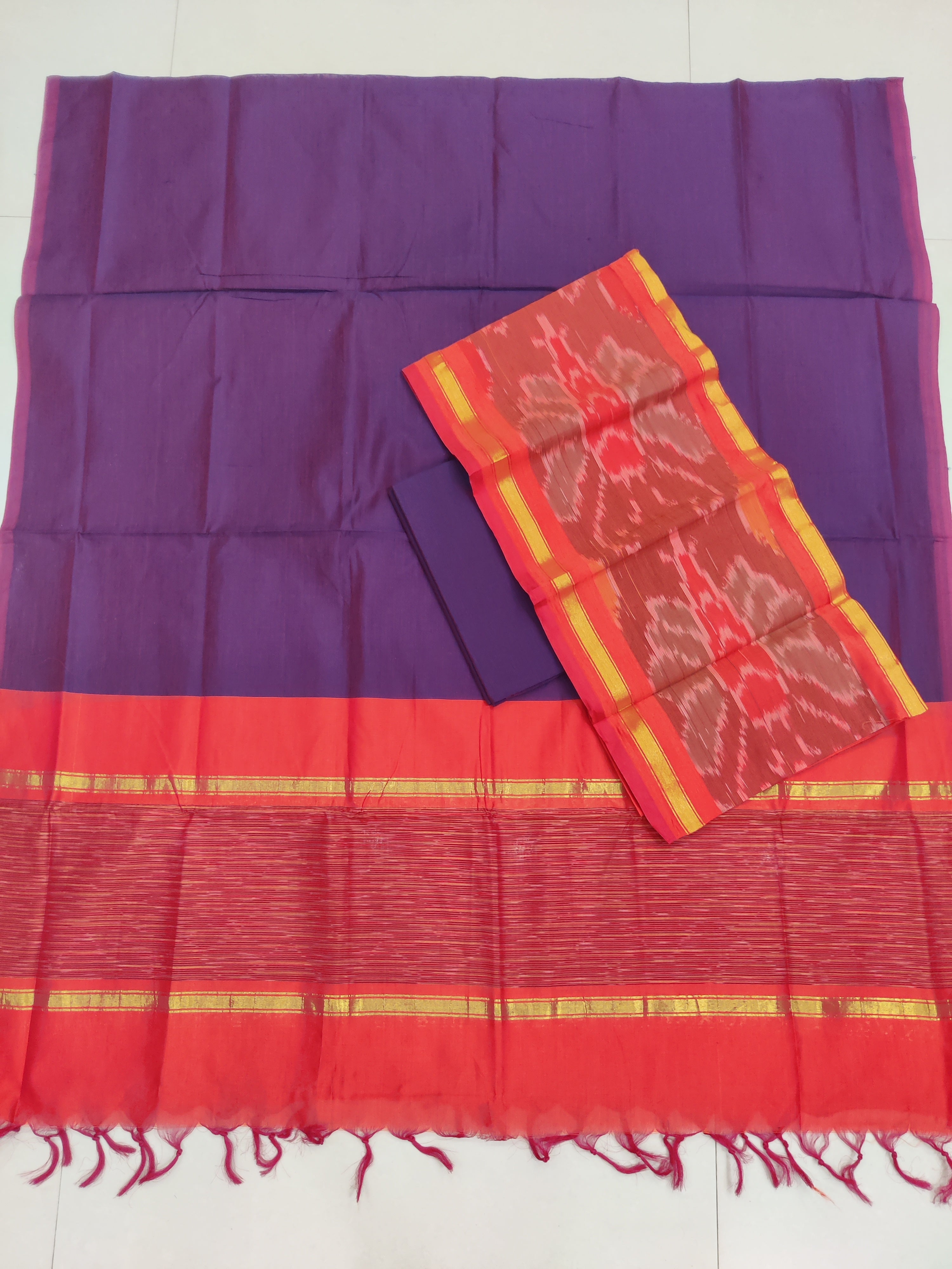 Red - 3PC HANDLOOM SILK COTTON POCHAMPALLY IKAT DRESS MATERIAL SET 14