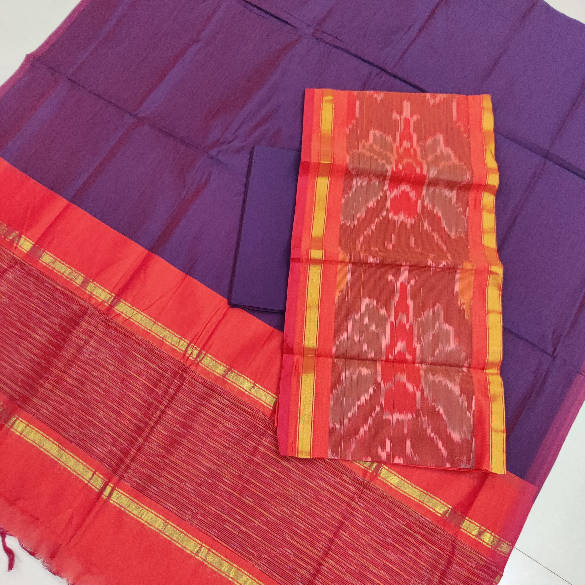 Red - 3PC HANDLOOM SILK COTTON POCHAMPALLY IKAT DRESS MATERIAL SET 14