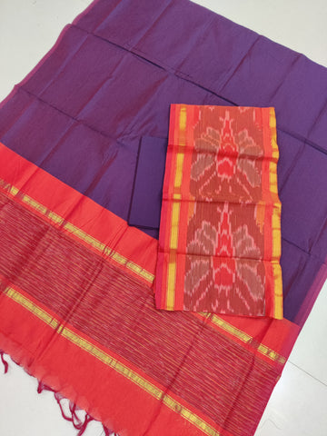 Red - 3PC HANDLOOM SILK COTTON POCHAMPALLY IKAT DRESS MATERIAL SET 14