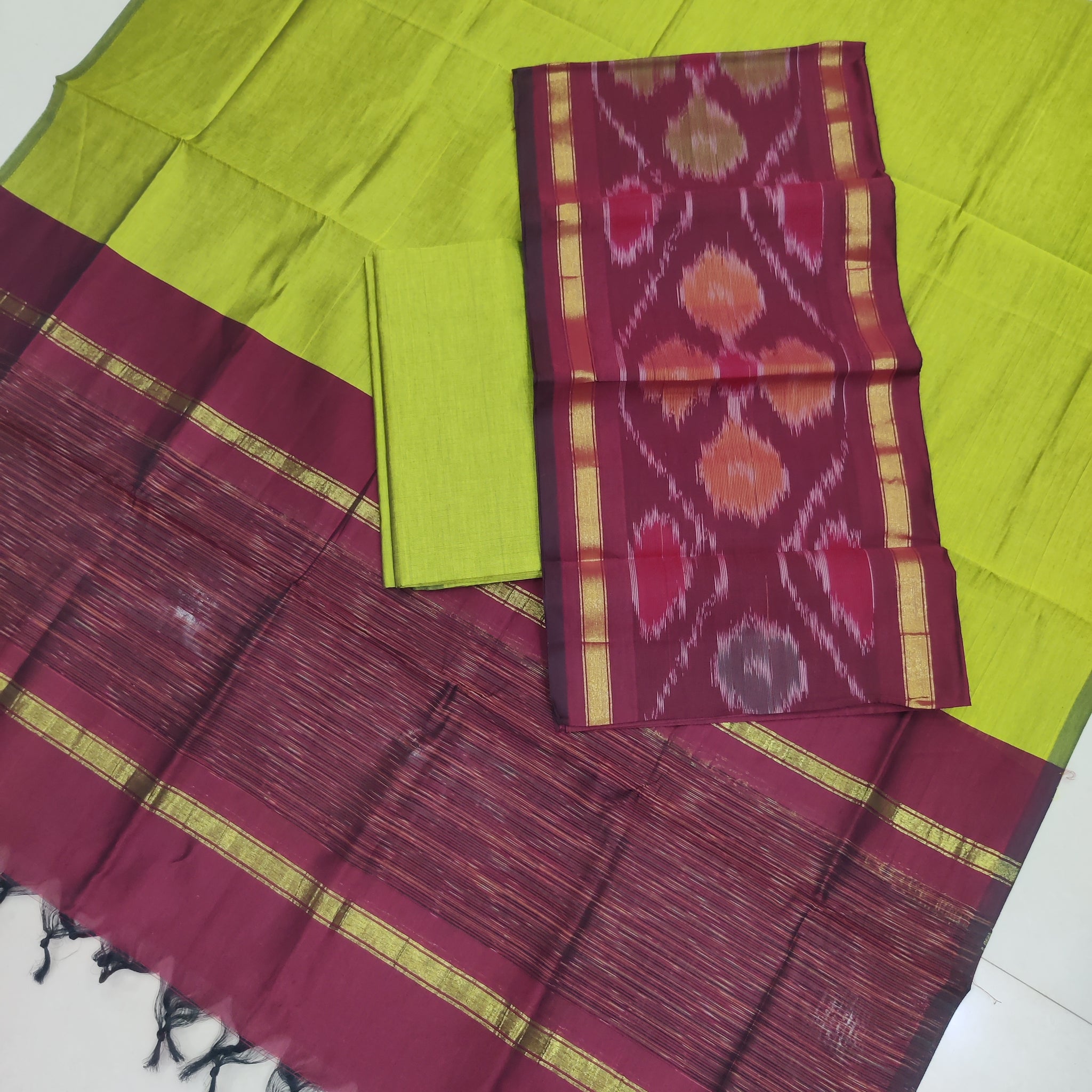 Brown - 3PC HANDLOOM SILK COTTON POCHAMPALLY IKAT DRESS MATERIAL SET 13