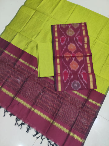 Brown - 3PC HANDLOOM SILK COTTON POCHAMPALLY IKAT DRESS MATERIAL SET 13