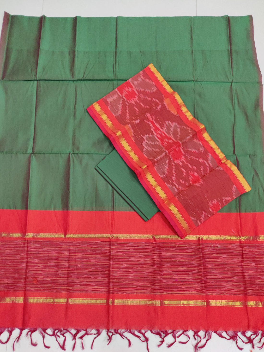 Red - 3PC HANDLOOM SILK COTTON POCHAMPALLY IKAT DRESS MATERIAL SET 15