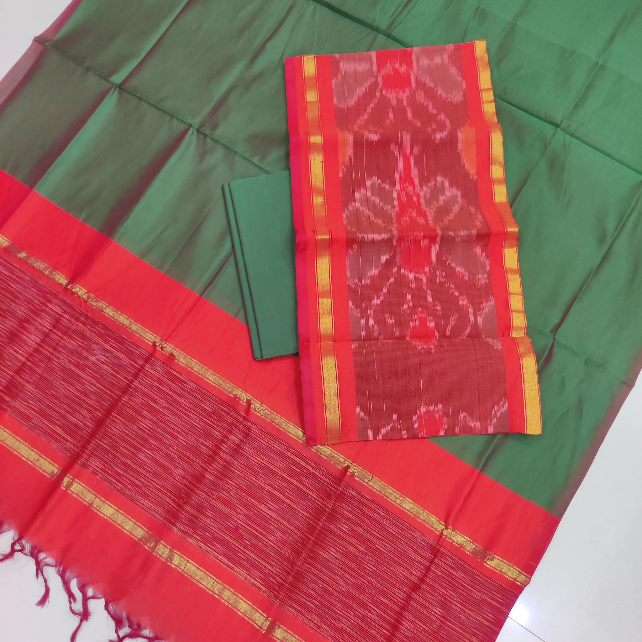 Red - 3PC HANDLOOM SILK COTTON POCHAMPALLY IKAT DRESS MATERIAL SET 15