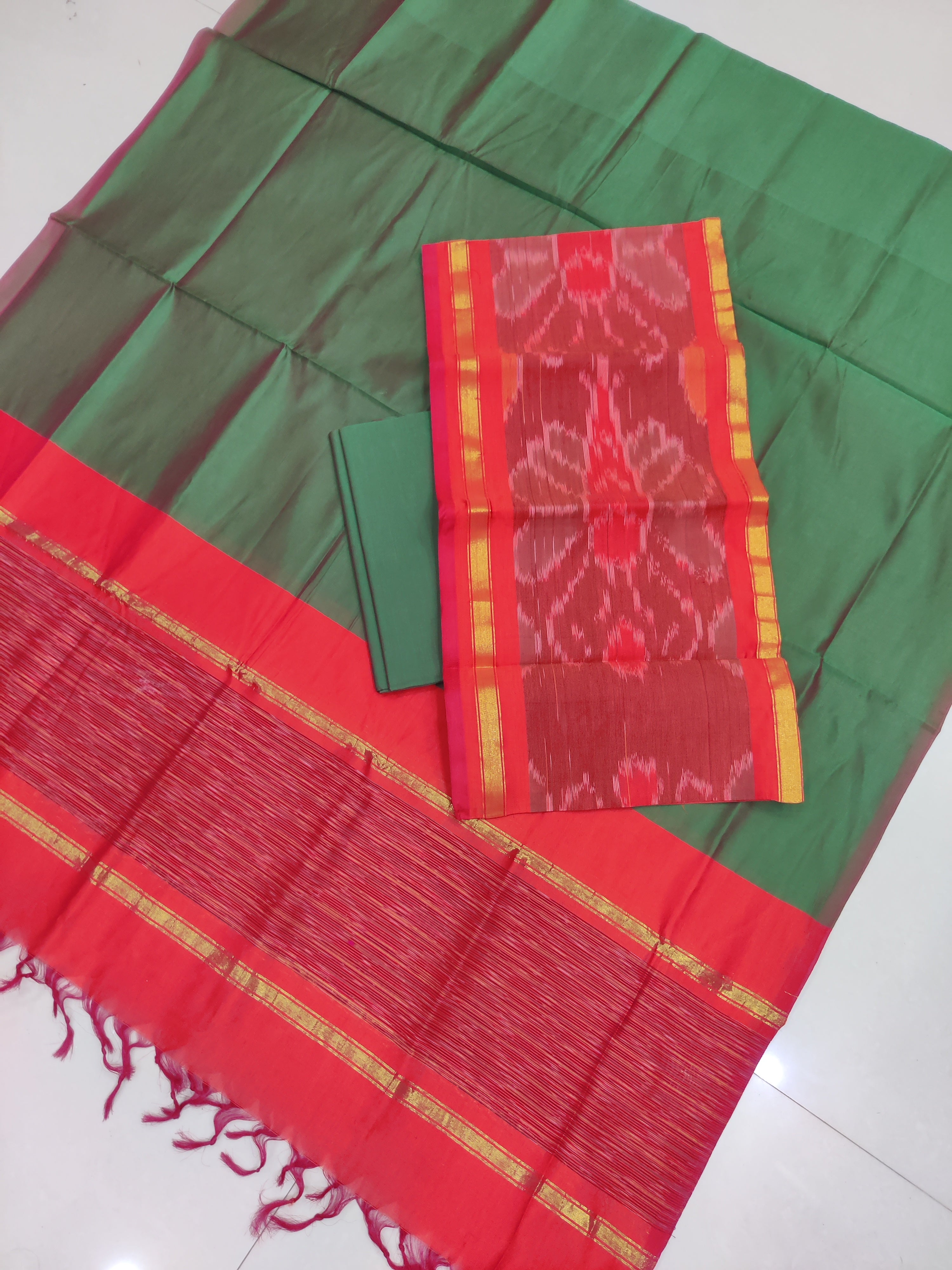 Red - 3PC HANDLOOM SILK COTTON POCHAMPALLY IKAT DRESS MATERIAL SET 15
