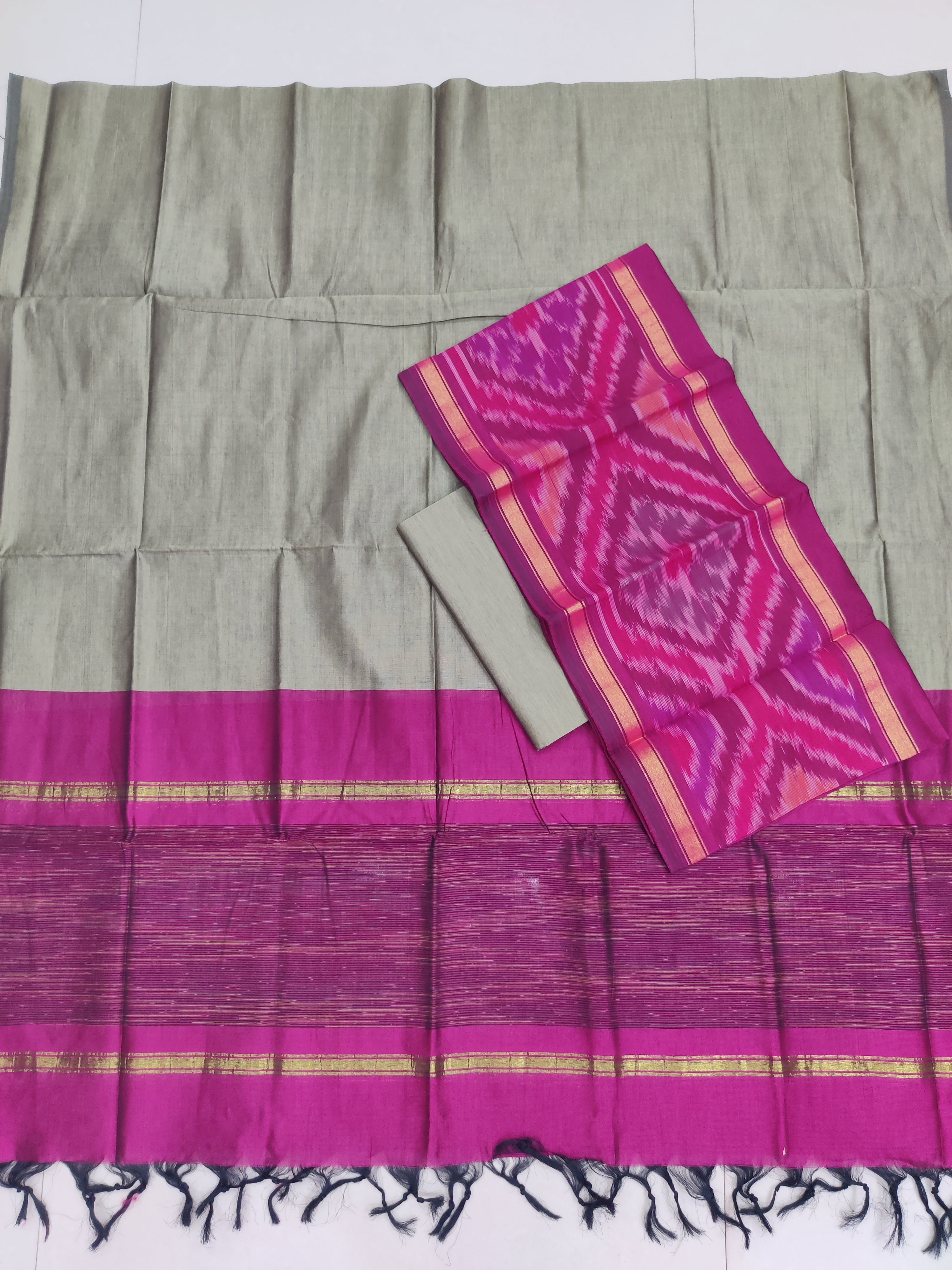 Pink - 3PC HANDLOOM SILK COTTON POCHAMPALLY IKAT DRESS MATERIAL SET 16