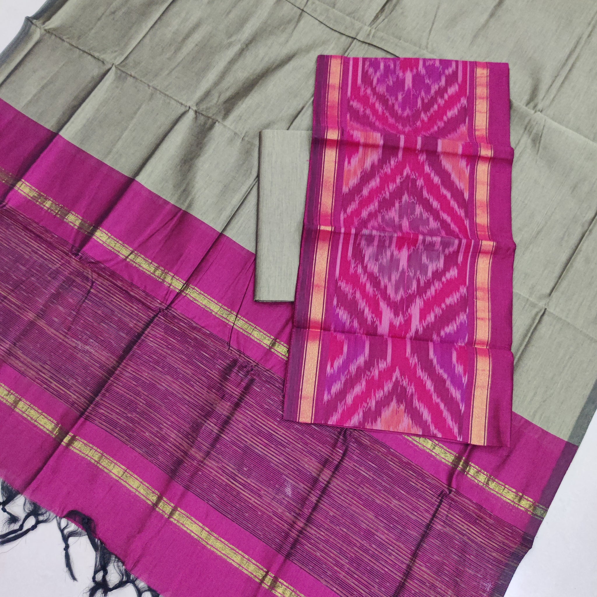 Pink - 3PC HANDLOOM SILK COTTON POCHAMPALLY IKAT DRESS MATERIAL SET 16