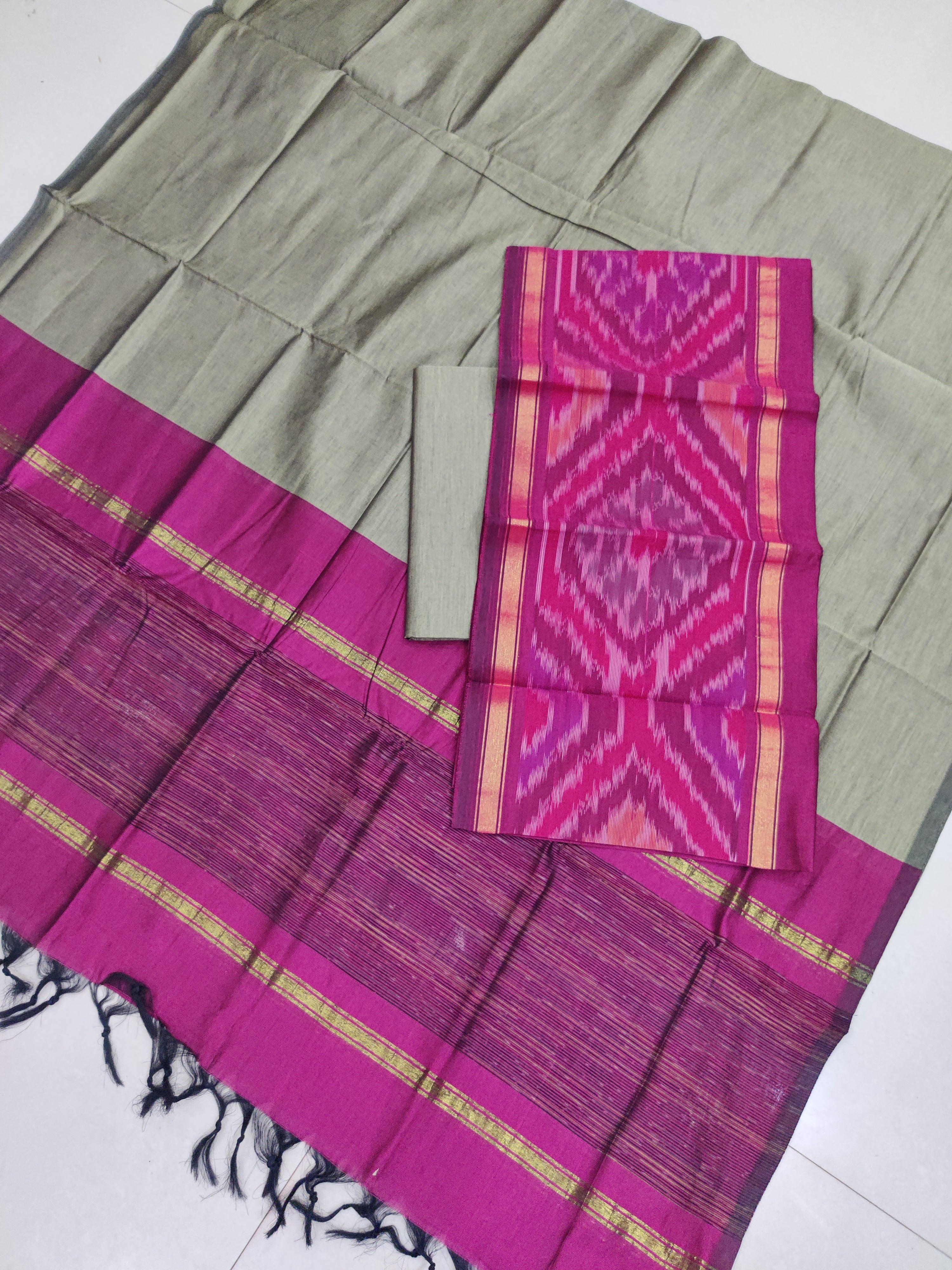 Pink - 3PC HANDLOOM SILK COTTON POCHAMPALLY IKAT DRESS MATERIAL SET 16