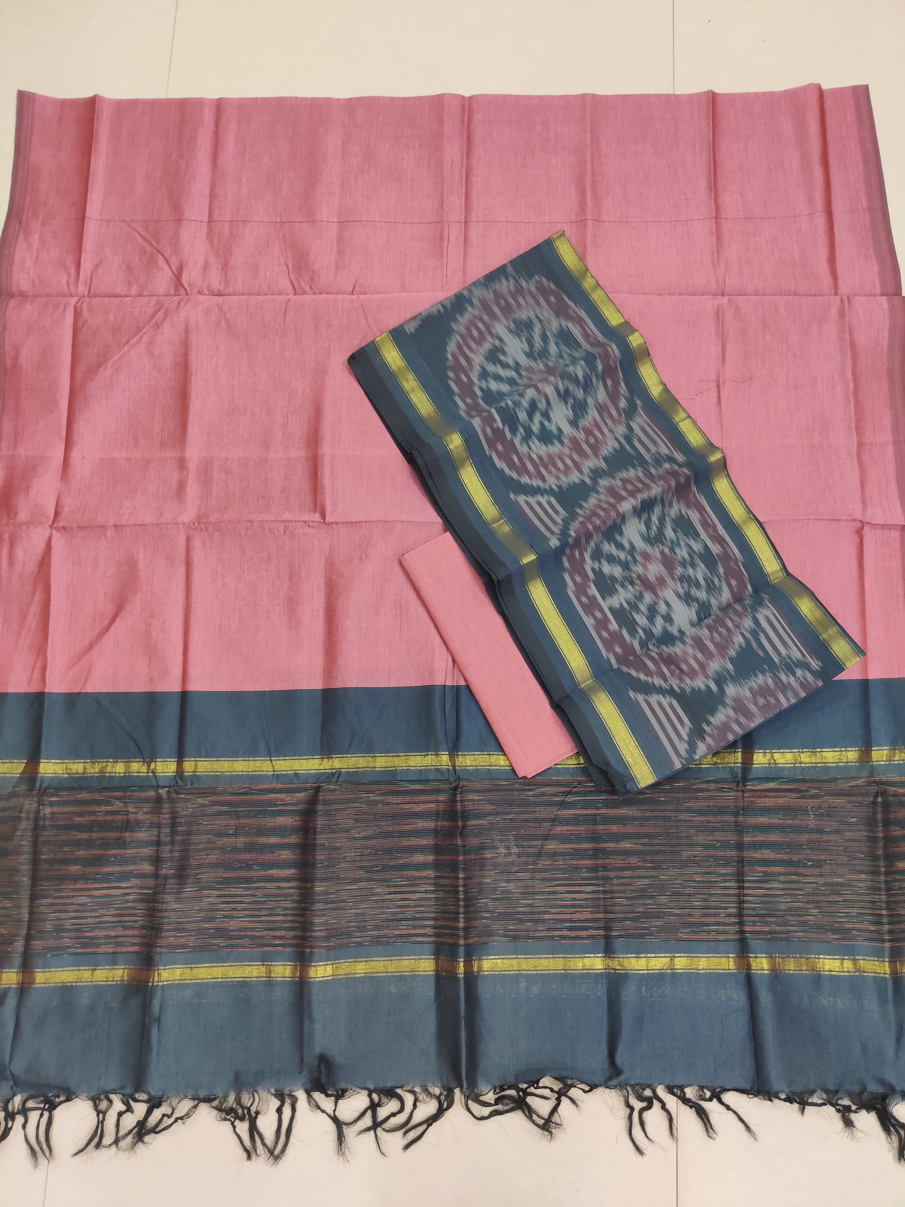 Green - 3PC HANDLOOM SILK COTTON POCHAMPALLY IKAT DRESS MATERIAL SET 17