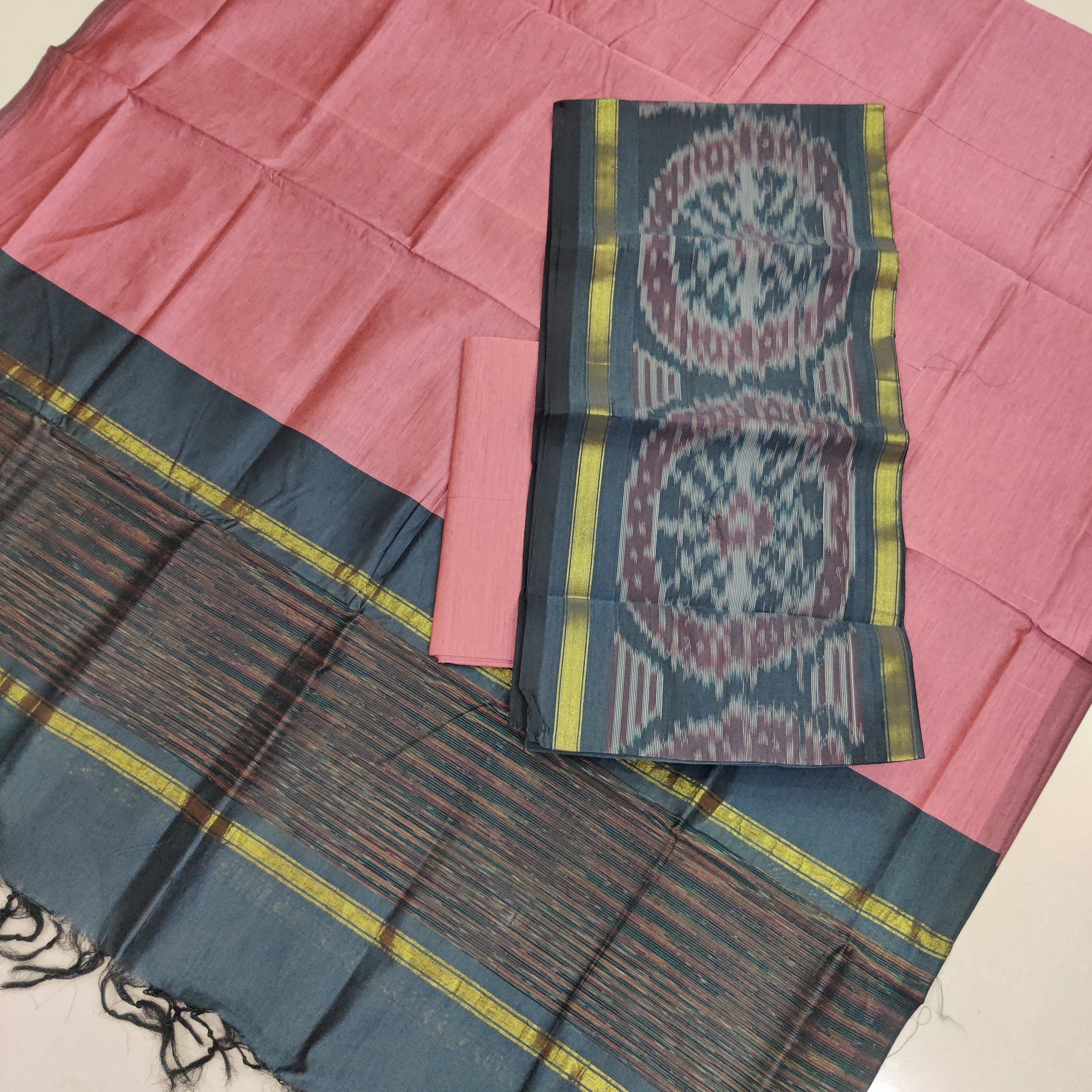 Green - 3PC HANDLOOM SILK COTTON POCHAMPALLY IKAT DRESS MATERIAL SET 17