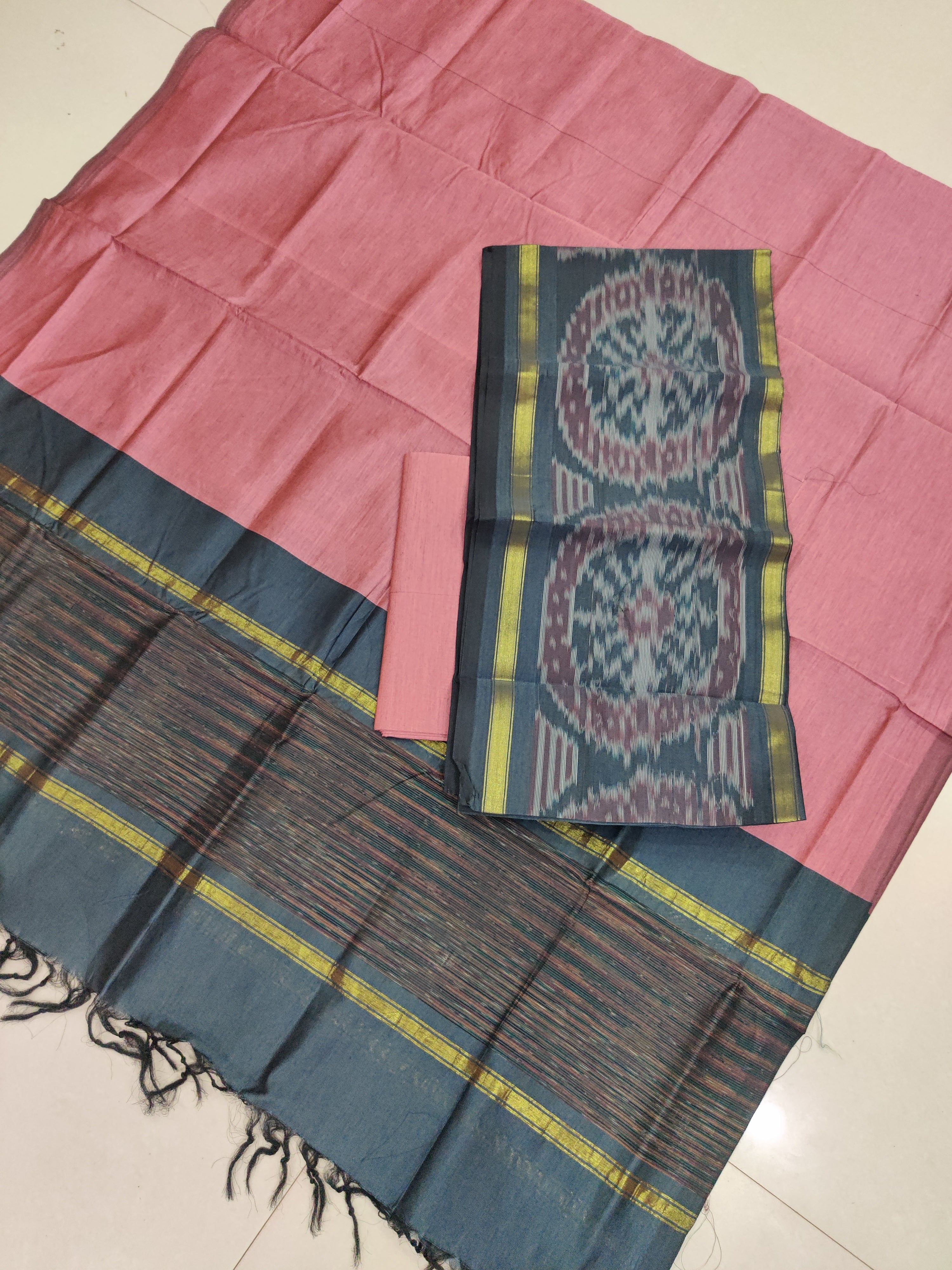 Green - 3PC HANDLOOM SILK COTTON POCHAMPALLY IKAT DRESS MATERIAL SET 17
