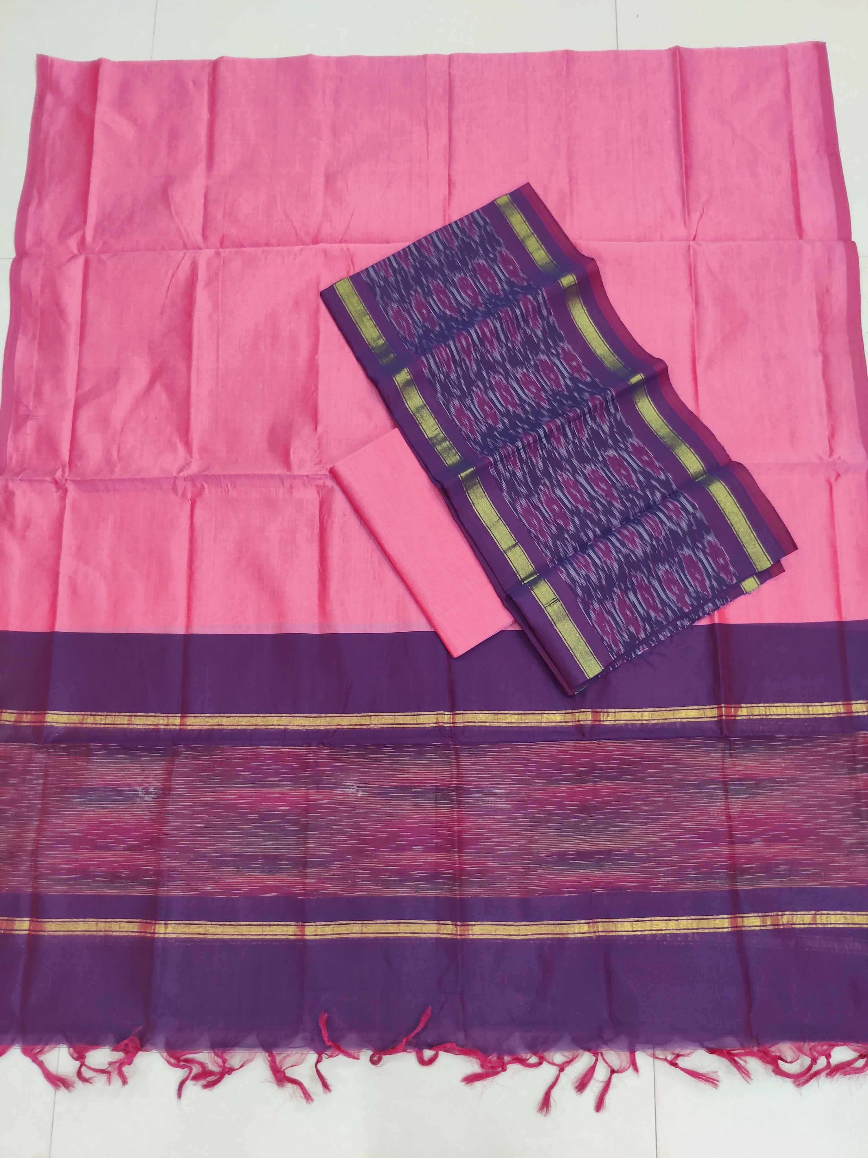 Pink - 3PC HANDLOOM SILK COTTON POCHAMPALLY IKAT DRESS MATERIAL SET 18