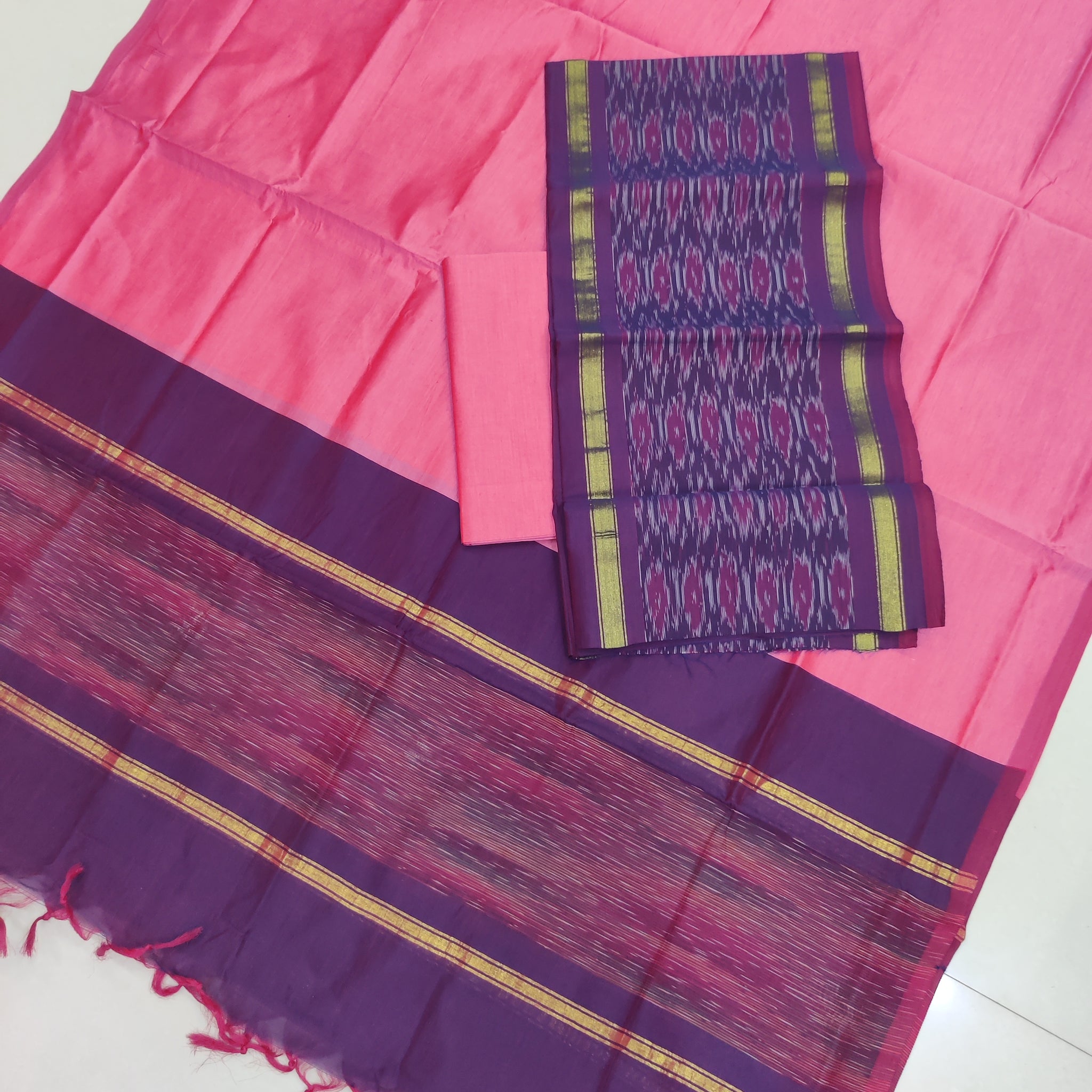 Pink - 3PC HANDLOOM SILK COTTON POCHAMPALLY IKAT DRESS MATERIAL SET 18