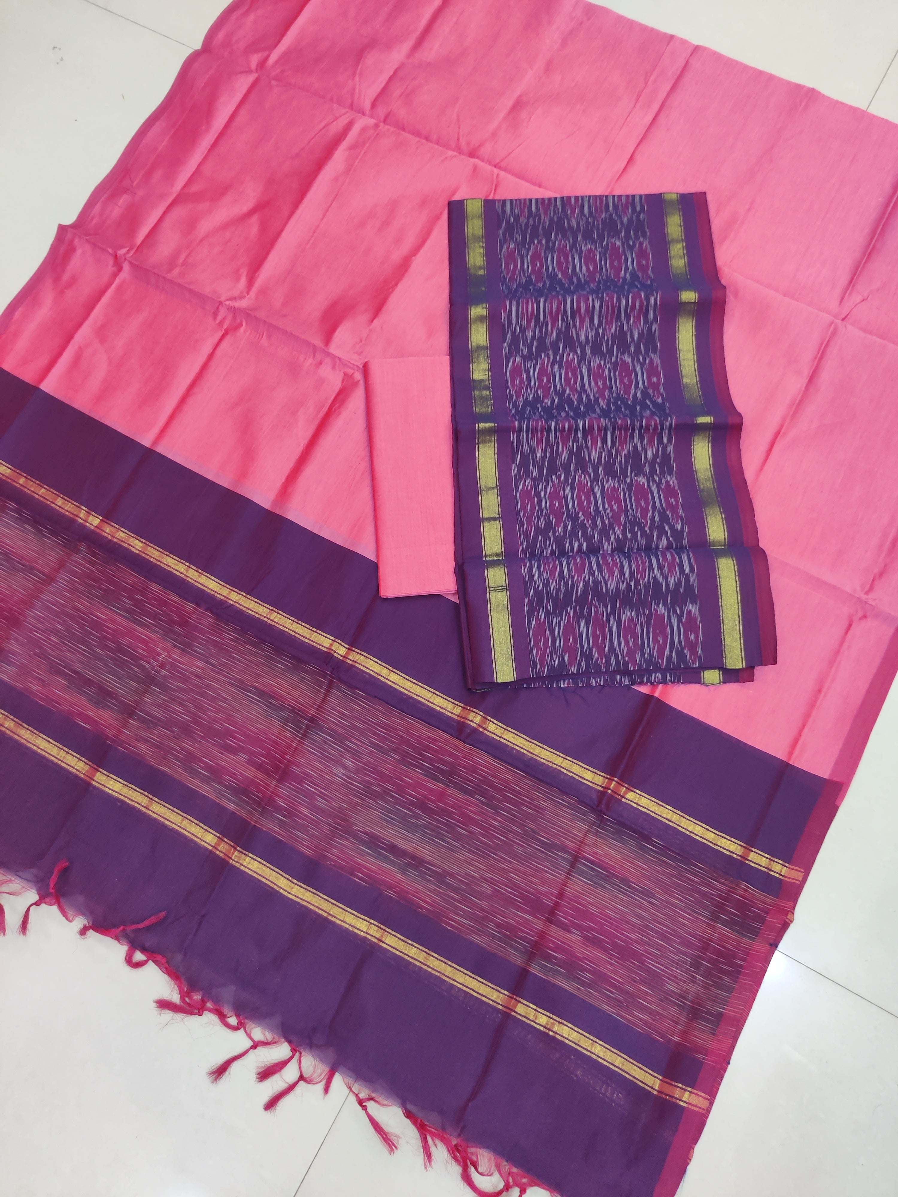 Pink - 3PC HANDLOOM SILK COTTON POCHAMPALLY IKAT DRESS MATERIAL SET 18