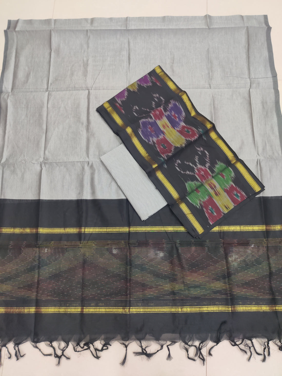 Black - 3PC HANDLOOM SILK COTTON POCHAMPALLY IKAT DRESS MATERIAL SET 19