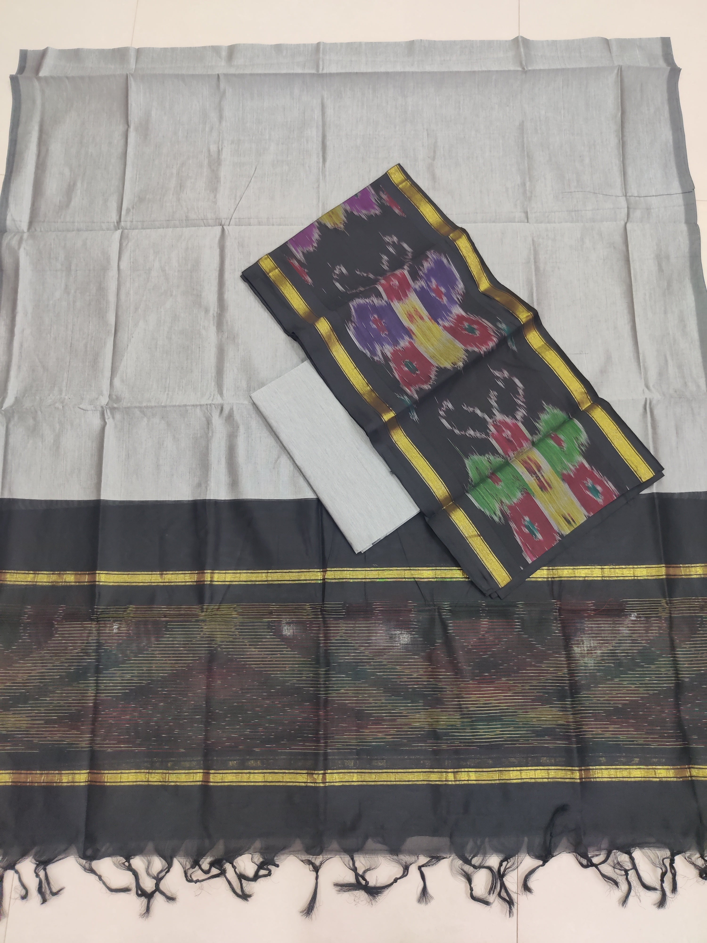 Black - 3PC HANDLOOM SILK COTTON POCHAMPALLY IKAT DRESS MATERIAL SET 19