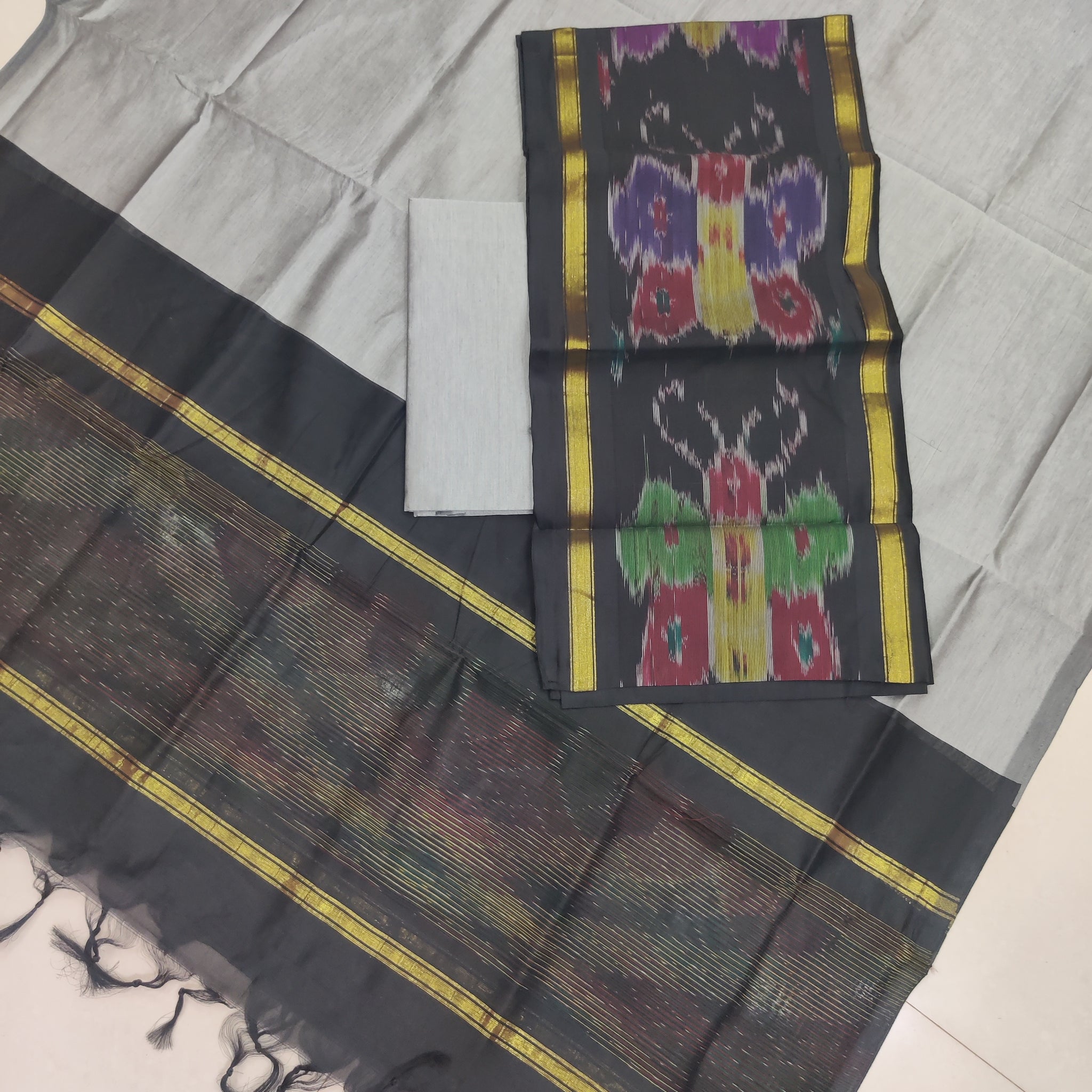 Black - 3PC HANDLOOM SILK COTTON POCHAMPALLY IKAT DRESS MATERIAL SET 19