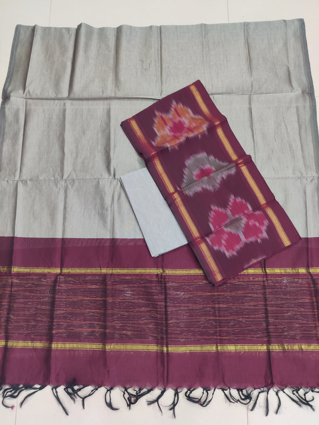 Brown - 3PC HANDLOOM SILK COTTON POCHAMPALLY IKAT DRESS MATERIAL SET 20