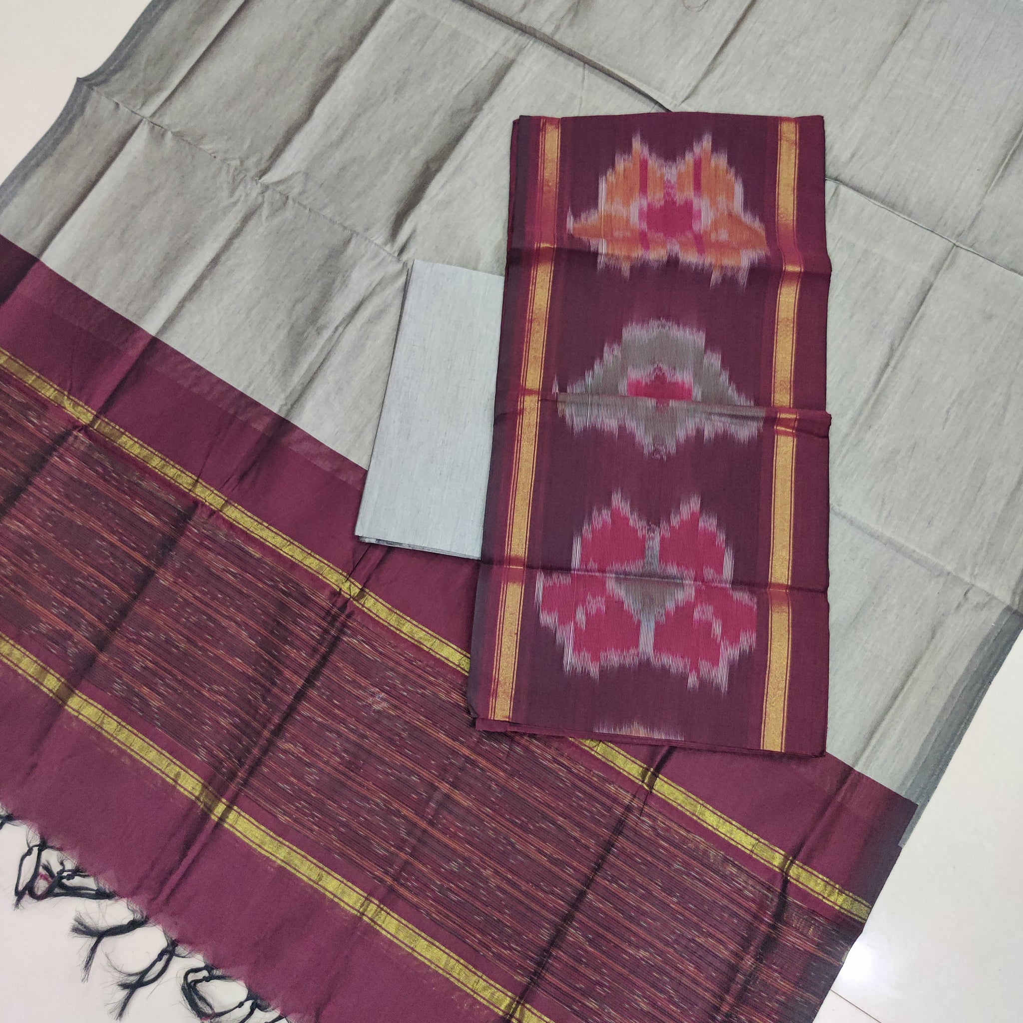 Brown - 3PC HANDLOOM SILK COTTON POCHAMPALLY IKAT DRESS MATERIAL SET 20