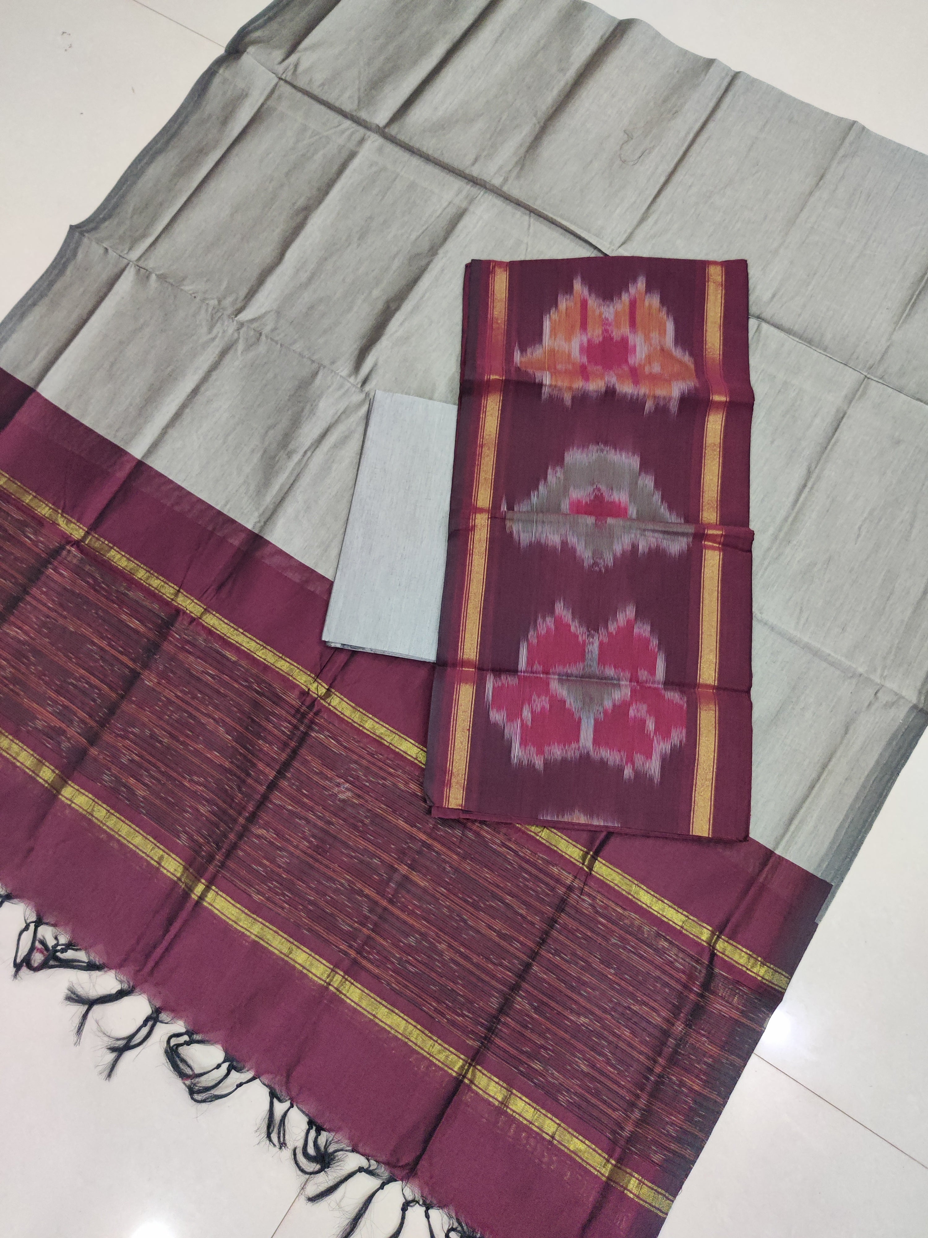 Brown - 3PC HANDLOOM SILK COTTON POCHAMPALLY IKAT DRESS MATERIAL SET 20