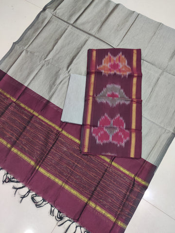 Brown - 3PC HANDLOOM SILK COTTON POCHAMPALLY IKAT DRESS MATERIAL SET 20