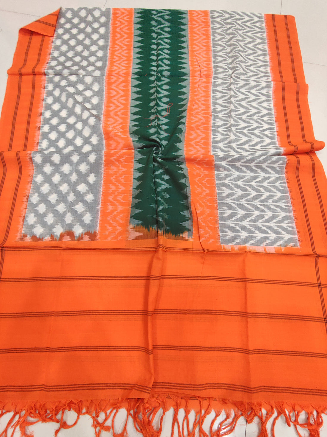 Orange - POCHAMPALLY DOUBLE IKAT COTTON HANDLOOM DUPATTA 02