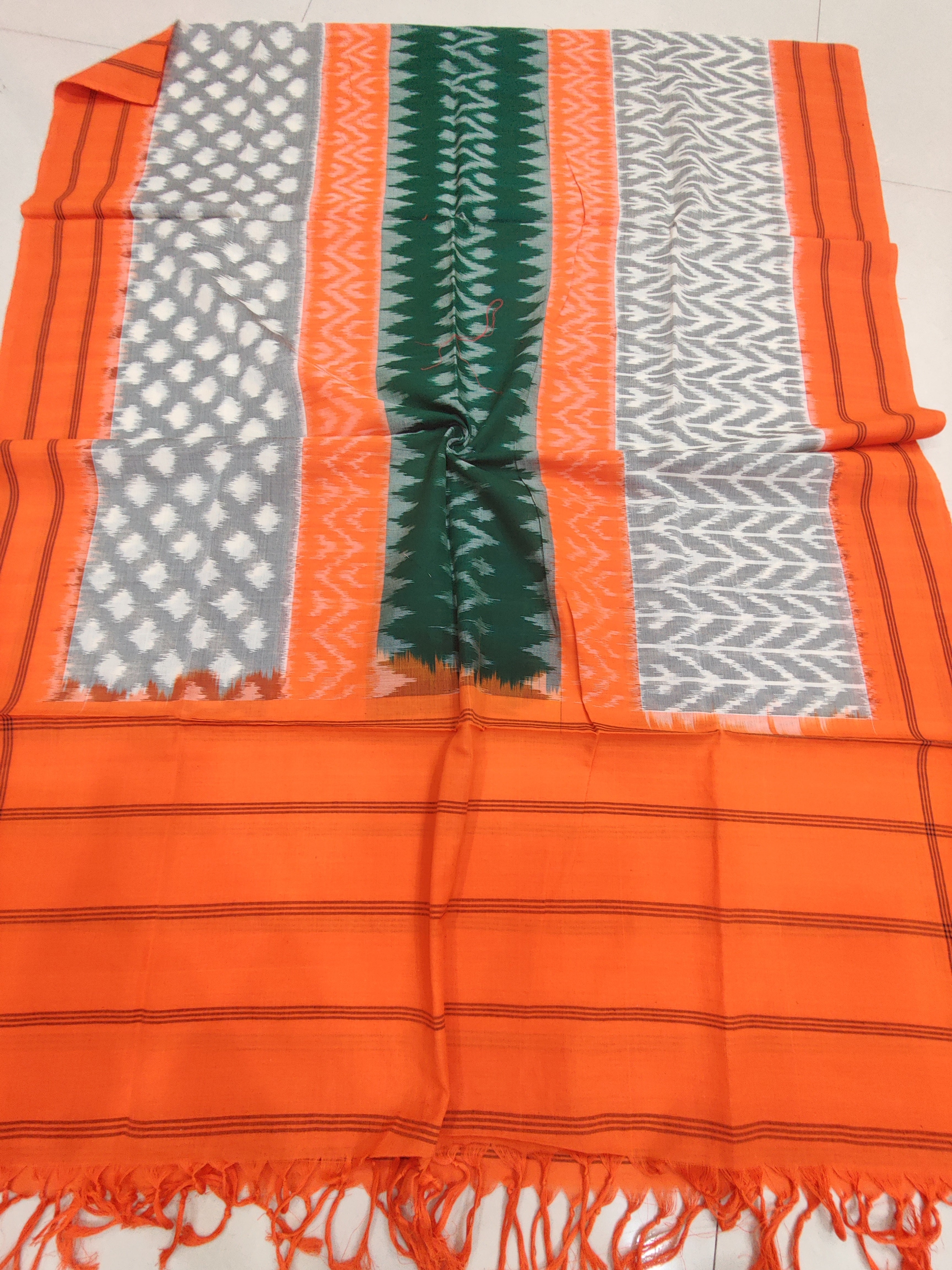 Orange - POCHAMPALLY DOUBLE IKAT COTTON HANDLOOM DUPATTA 02