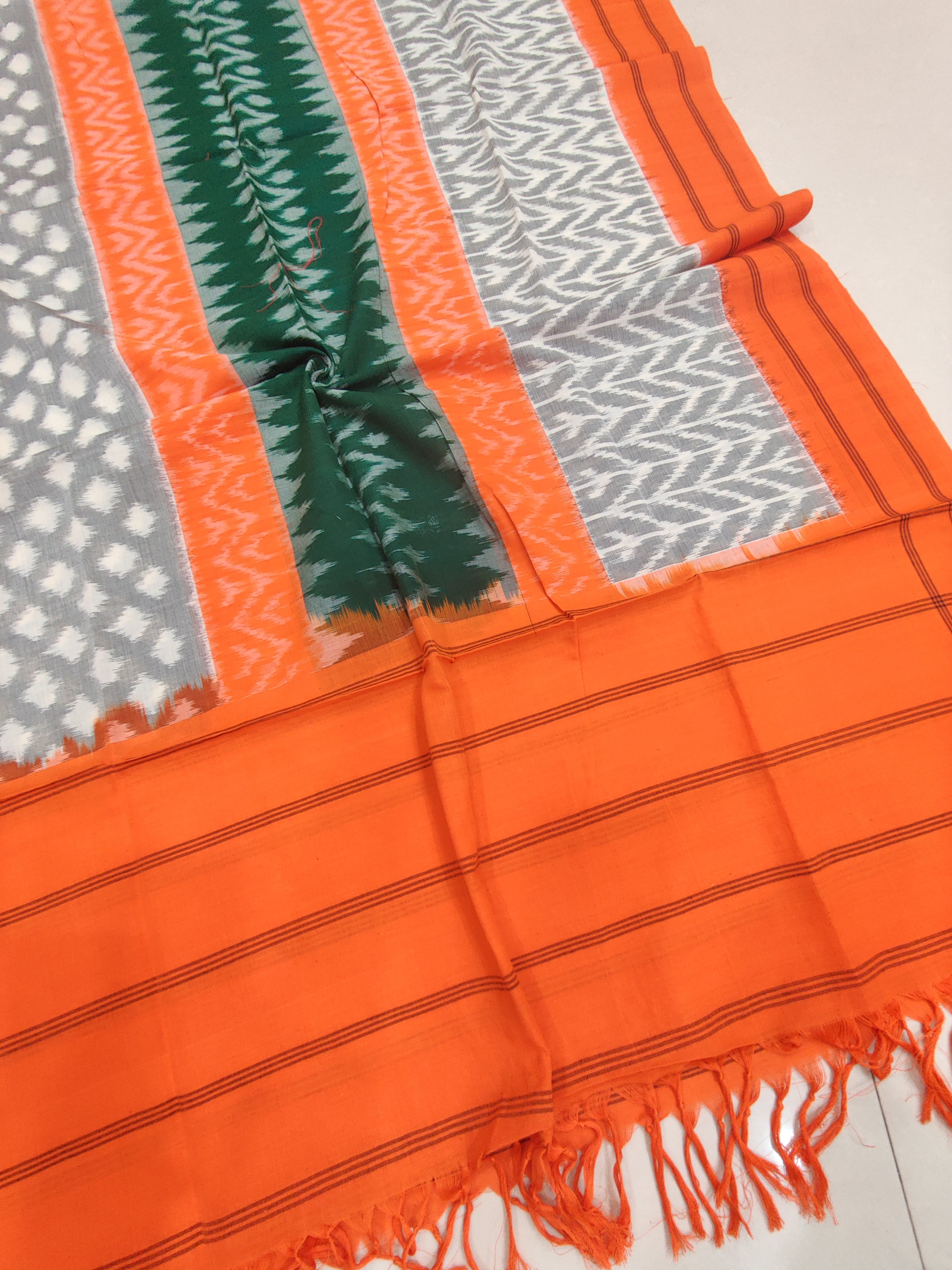 Orange - POCHAMPALLY DOUBLE IKAT COTTON HANDLOOM DUPATTA 02