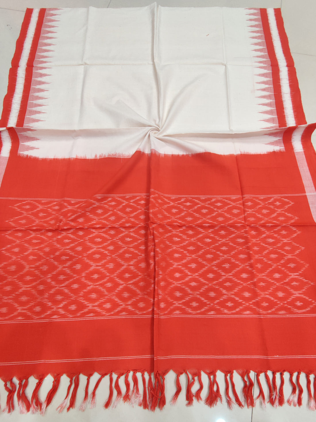 Orange - POCHAMPALLY DOUBLE IKAT COTTON HANDLOOM DUPATTA 03