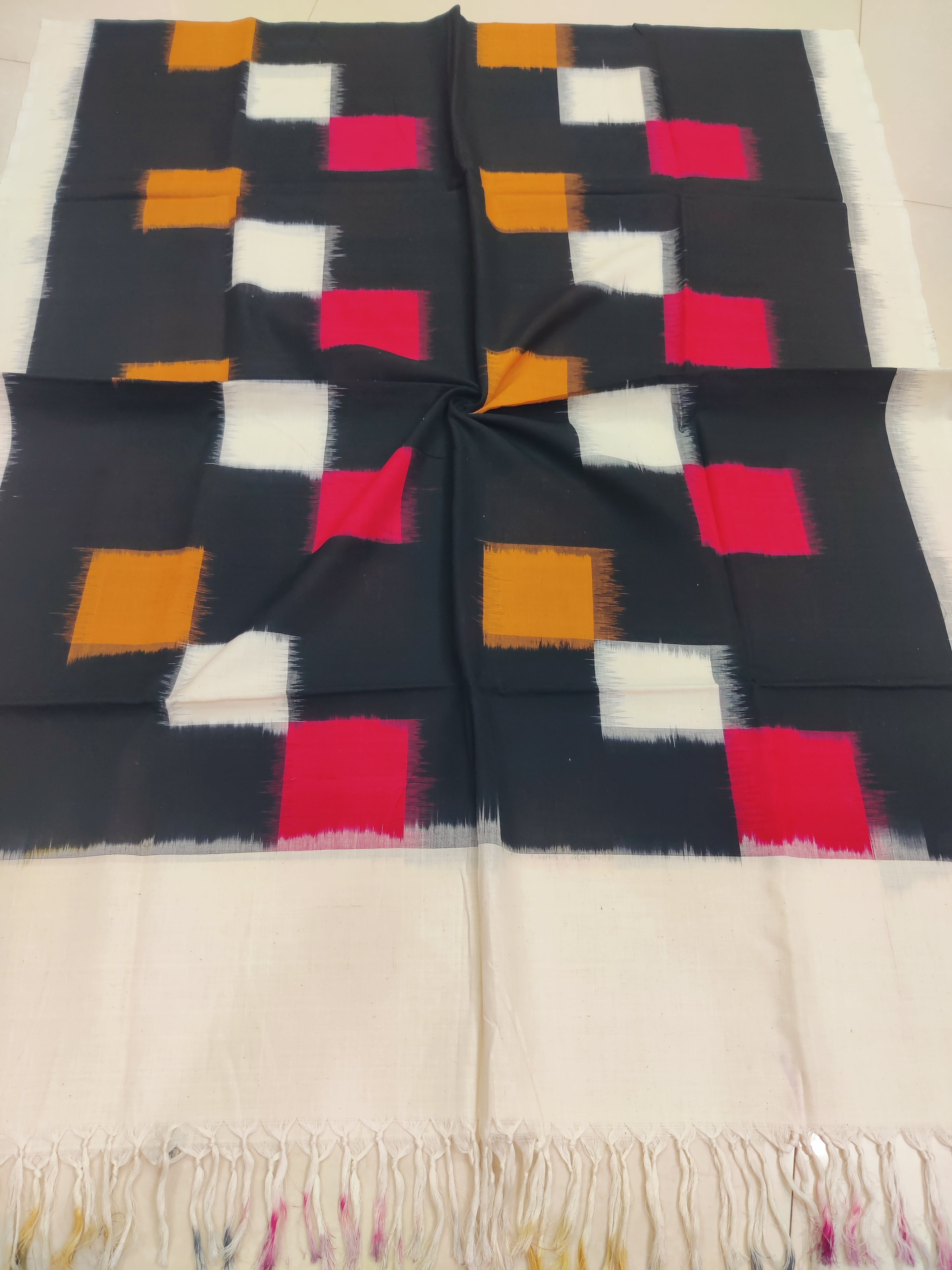 Black - POCHAMPALLY DOUBLE IKAT COTTON HANDLOOM DUPATTA 07