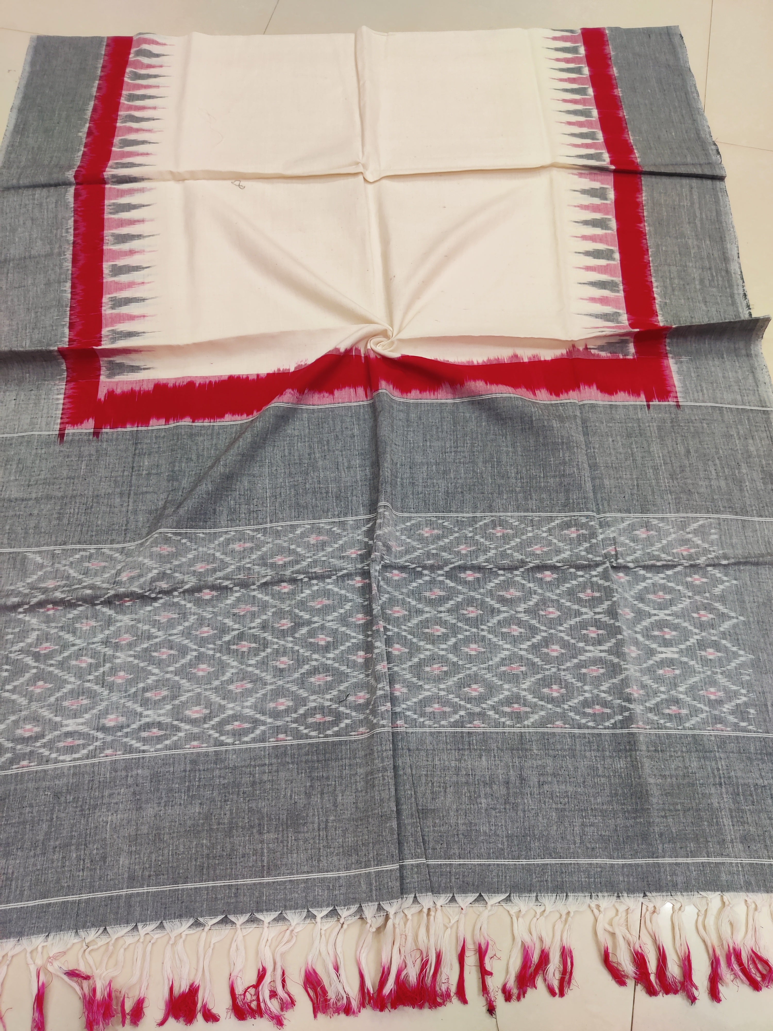 GRAY - POCHAMPALLY DOUBLE IKAT COTTON HANDLOOM DUPATTA 11