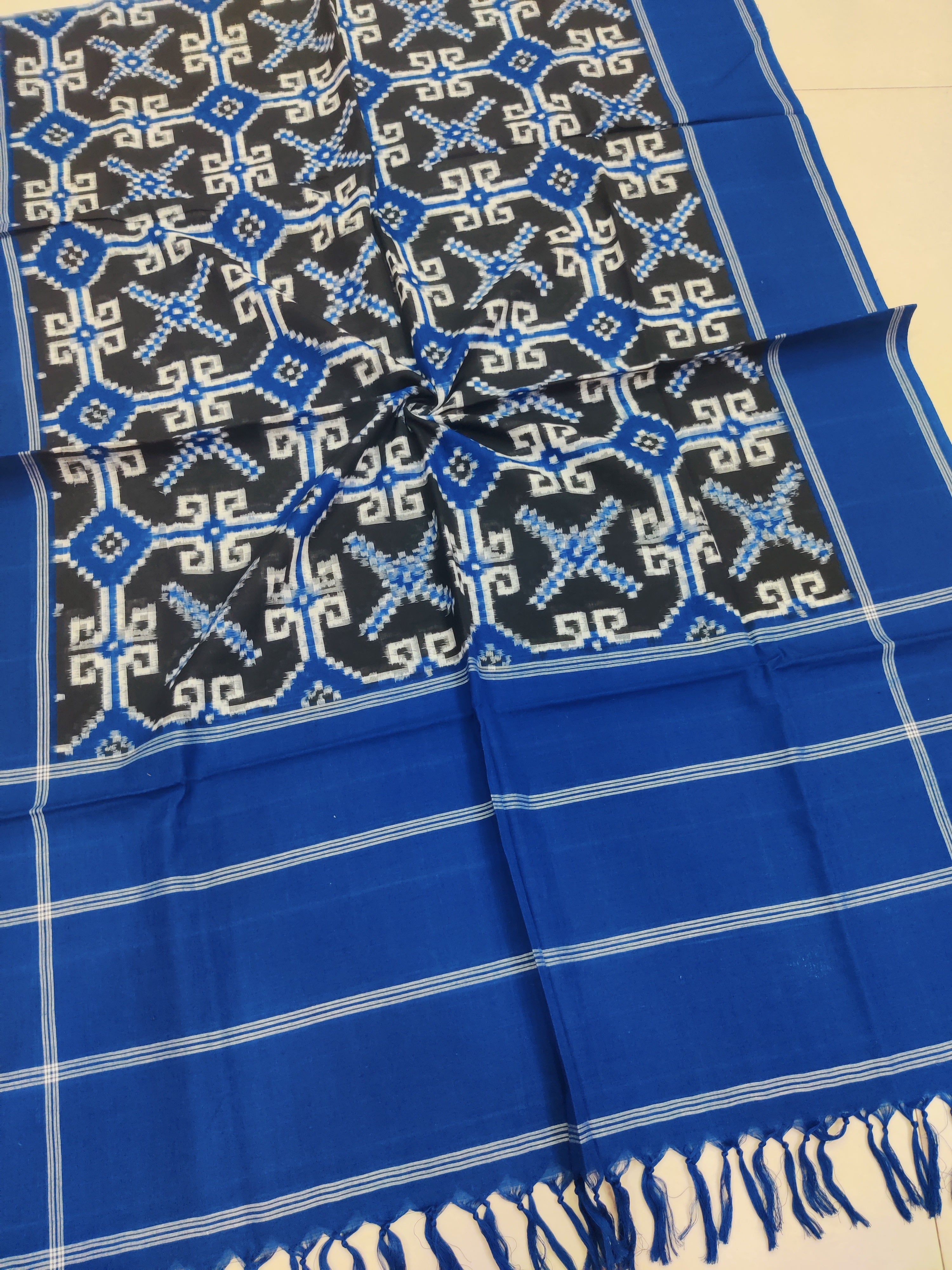 BLUE - TELIA RUMAL HANDLOOM COTTON POCHAMPALLY DOUBLE IKAT DUPATTA 07