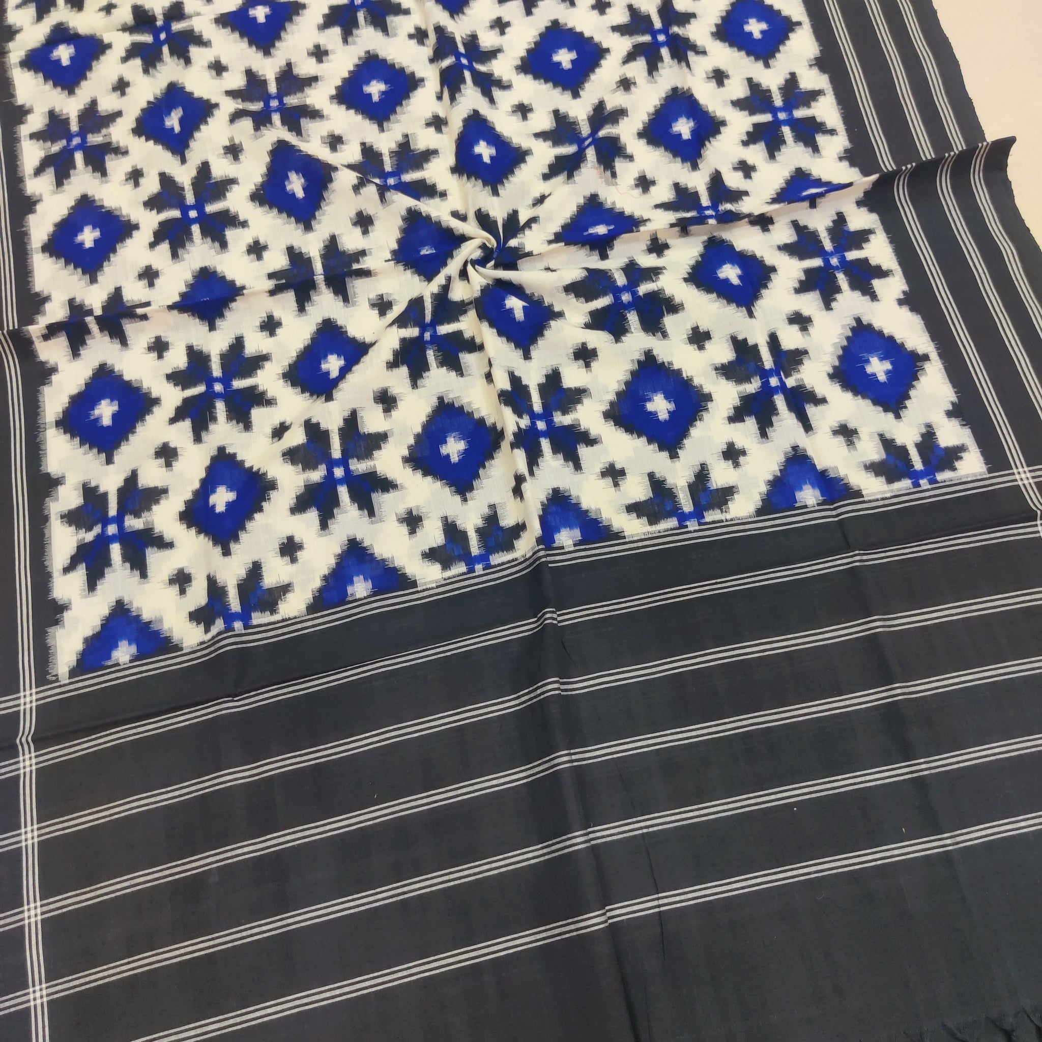 BLACK BLUE - TELIA RUMAL HANDLOOM COTTON POCHAMPALLY DOUBLE IKAT DUPATTA 10
