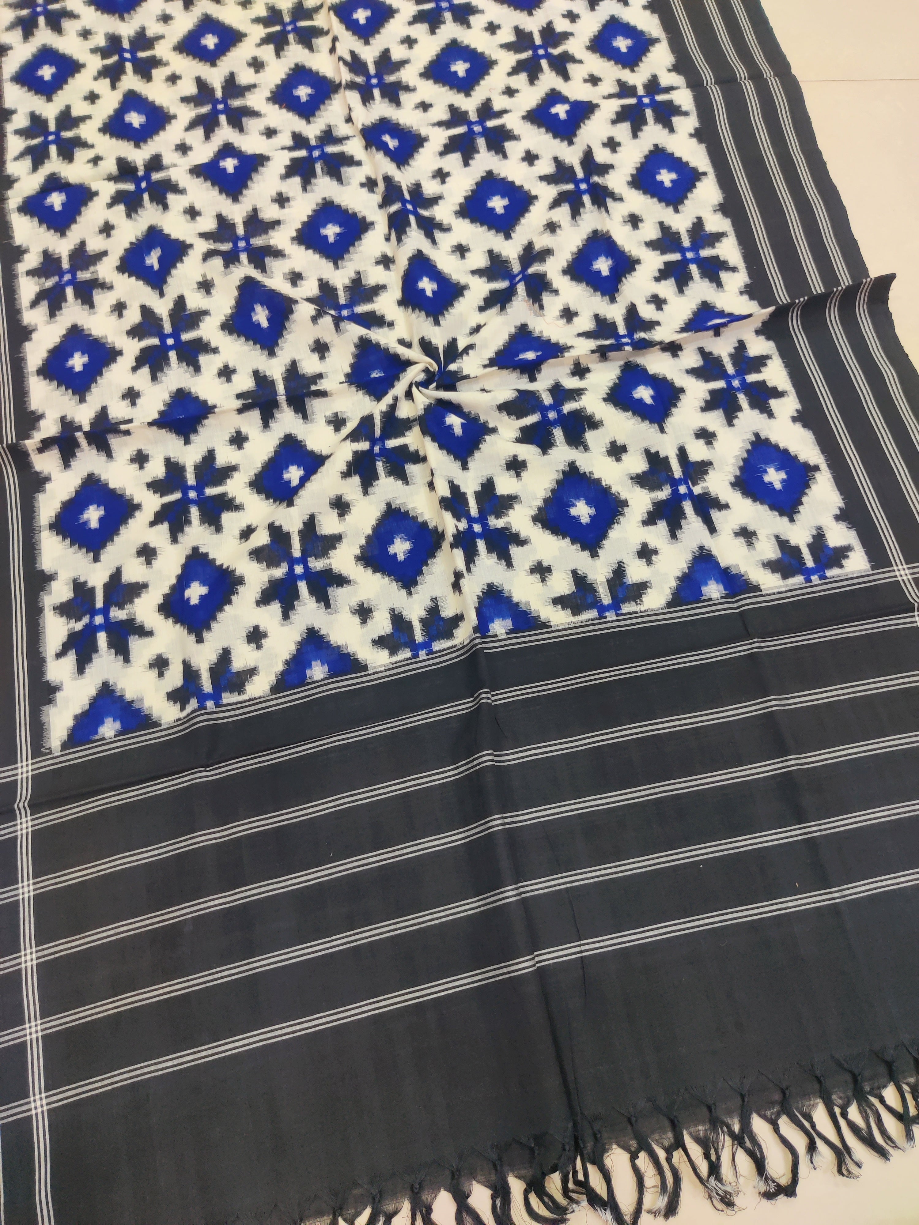 BLACK BLUE - TELIA RUMAL HANDLOOM COTTON POCHAMPALLY DOUBLE IKAT DUPATTA 10