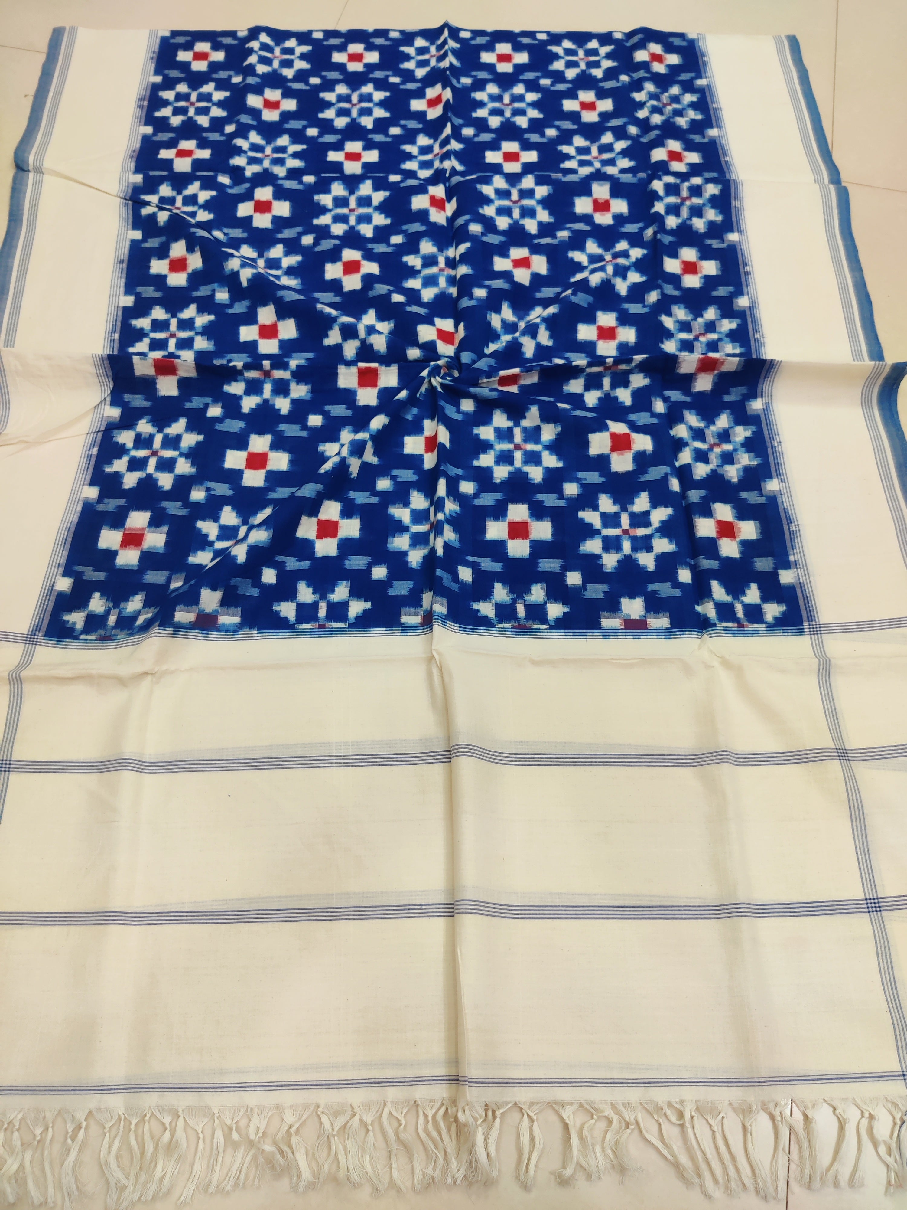BLUE - TELIA RUMAL HANDLOOM COTTON POCHAMPALLY DOUBLE IKAT DUPATTA 11