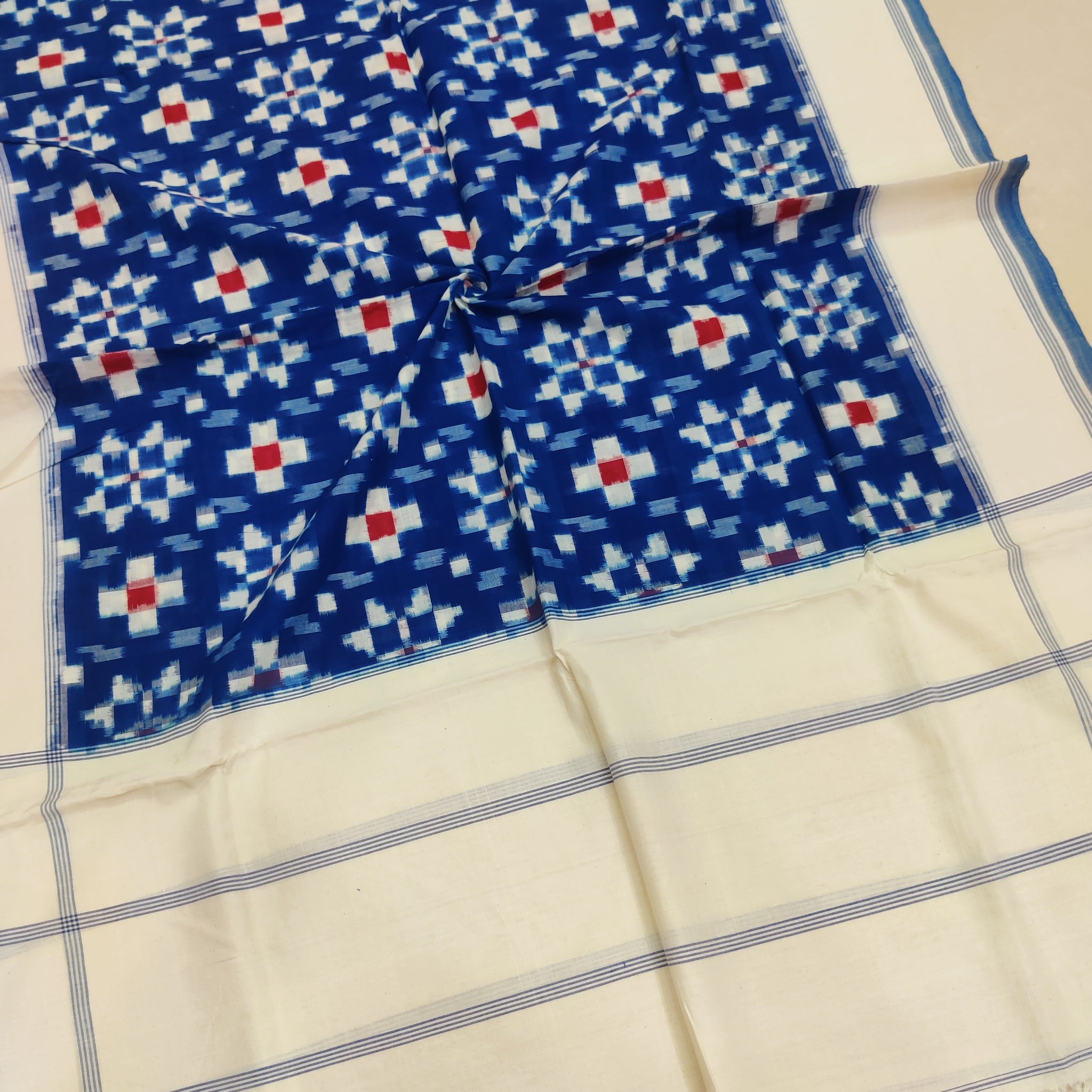 BLUE - TELIA RUMAL HANDLOOM COTTON POCHAMPALLY DOUBLE IKAT DUPATTA 11