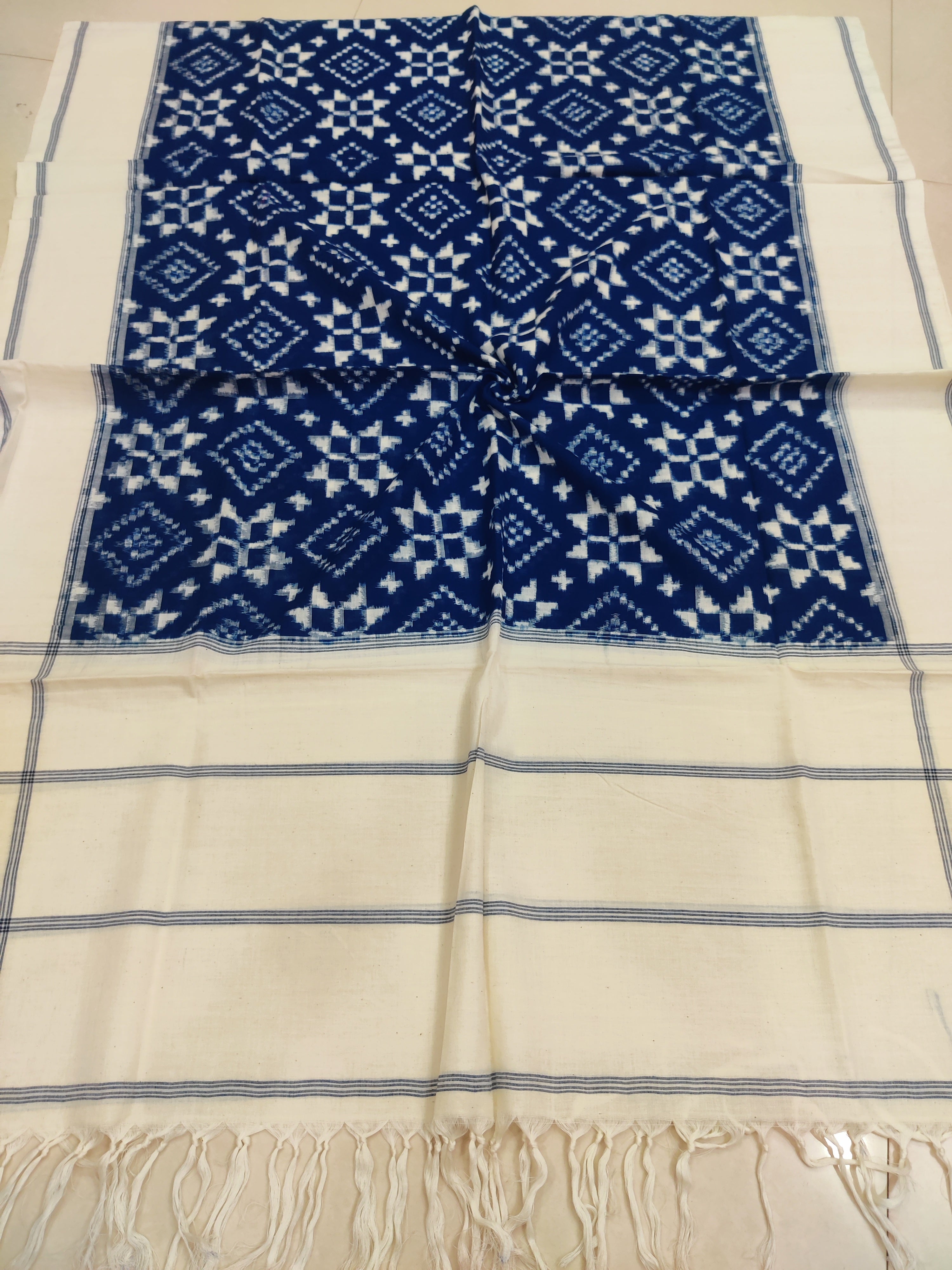 BLUE - TELIA RUMAL HANDLOOM COTTON POCHAMPALLY DOUBLE IKAT DUPATTA 14