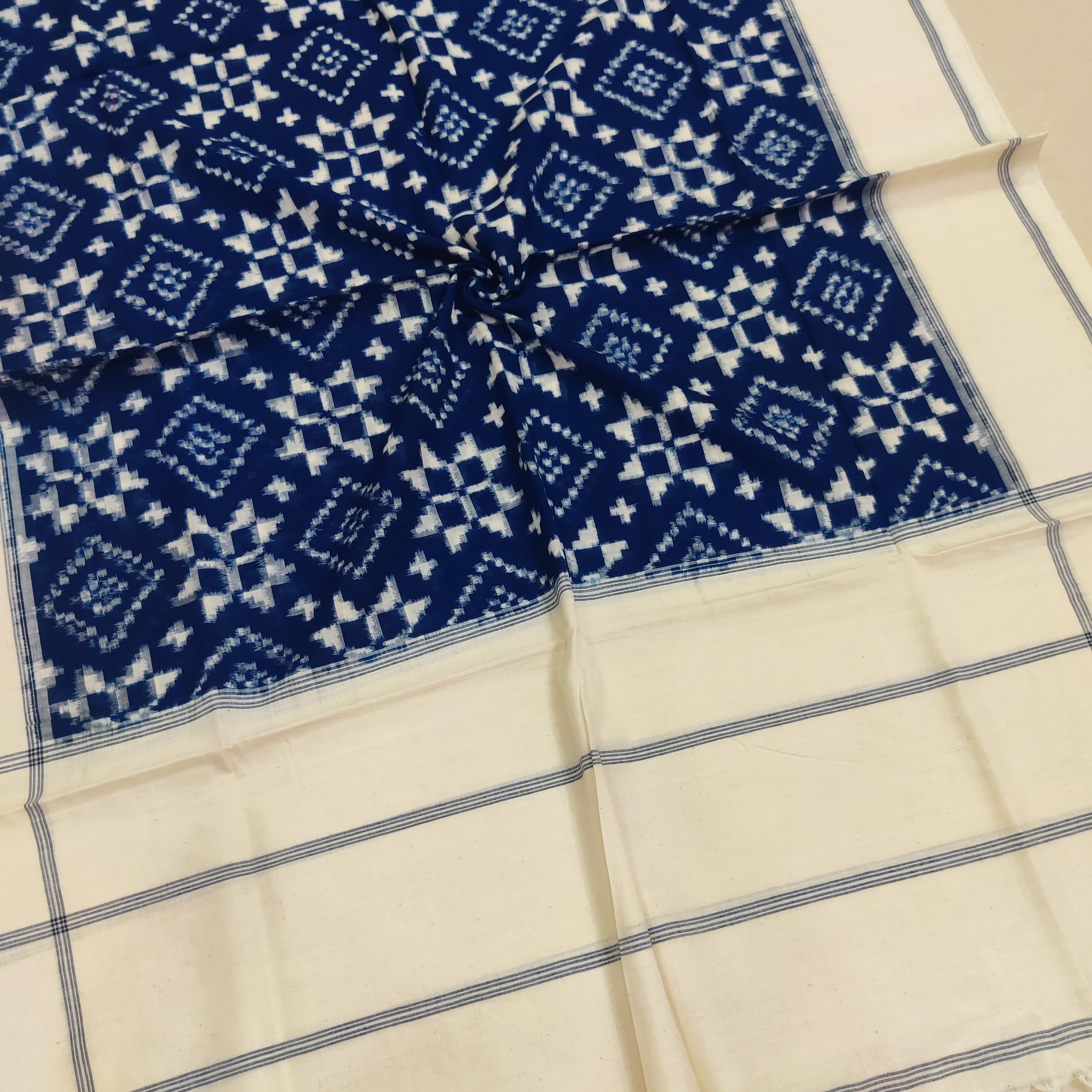 BLUE - TELIA RUMAL HANDLOOM COTTON POCHAMPALLY DOUBLE IKAT DUPATTA 14