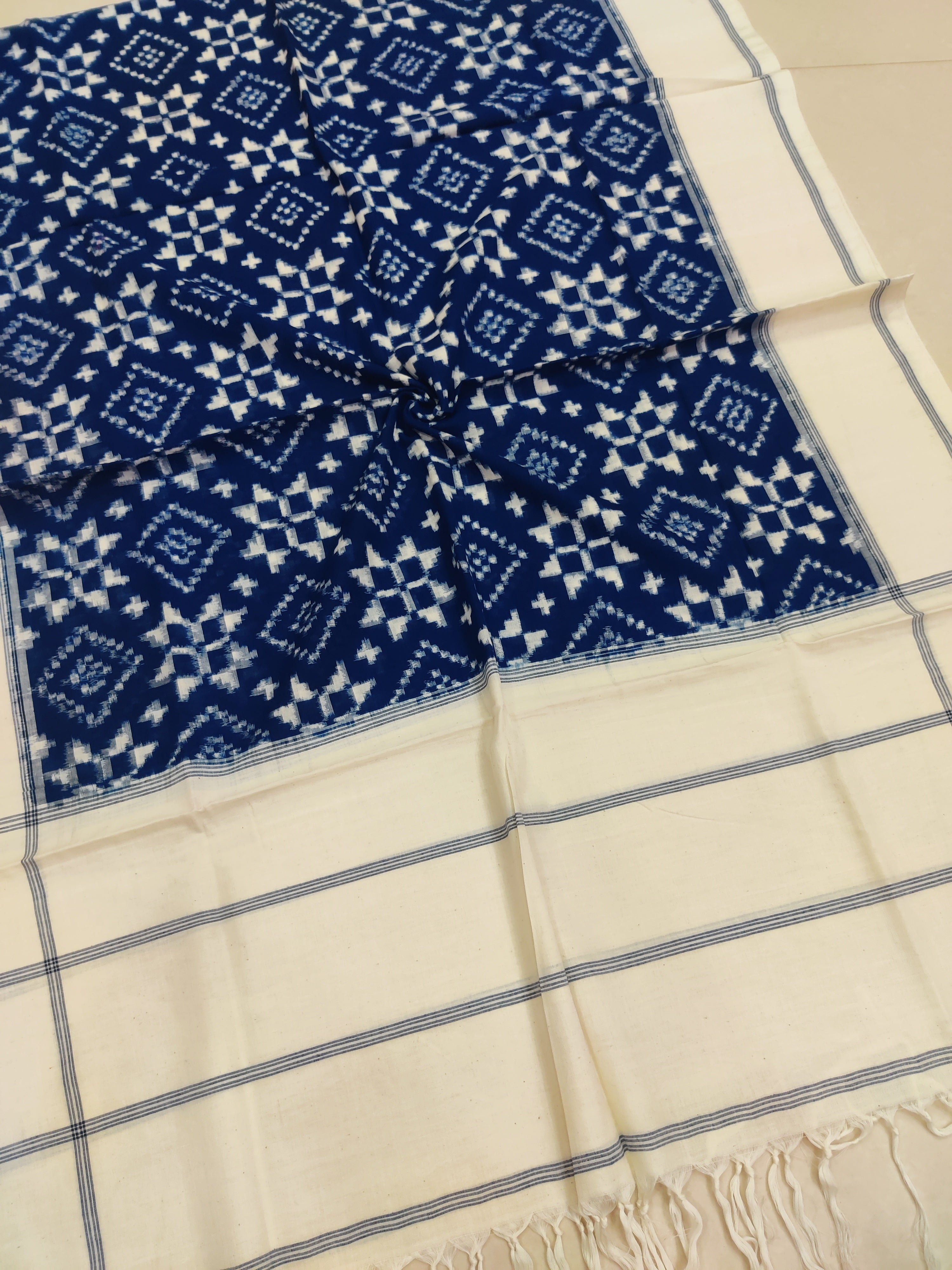 BLUE - TELIA RUMAL HANDLOOM COTTON POCHAMPALLY DOUBLE IKAT DUPATTA 14