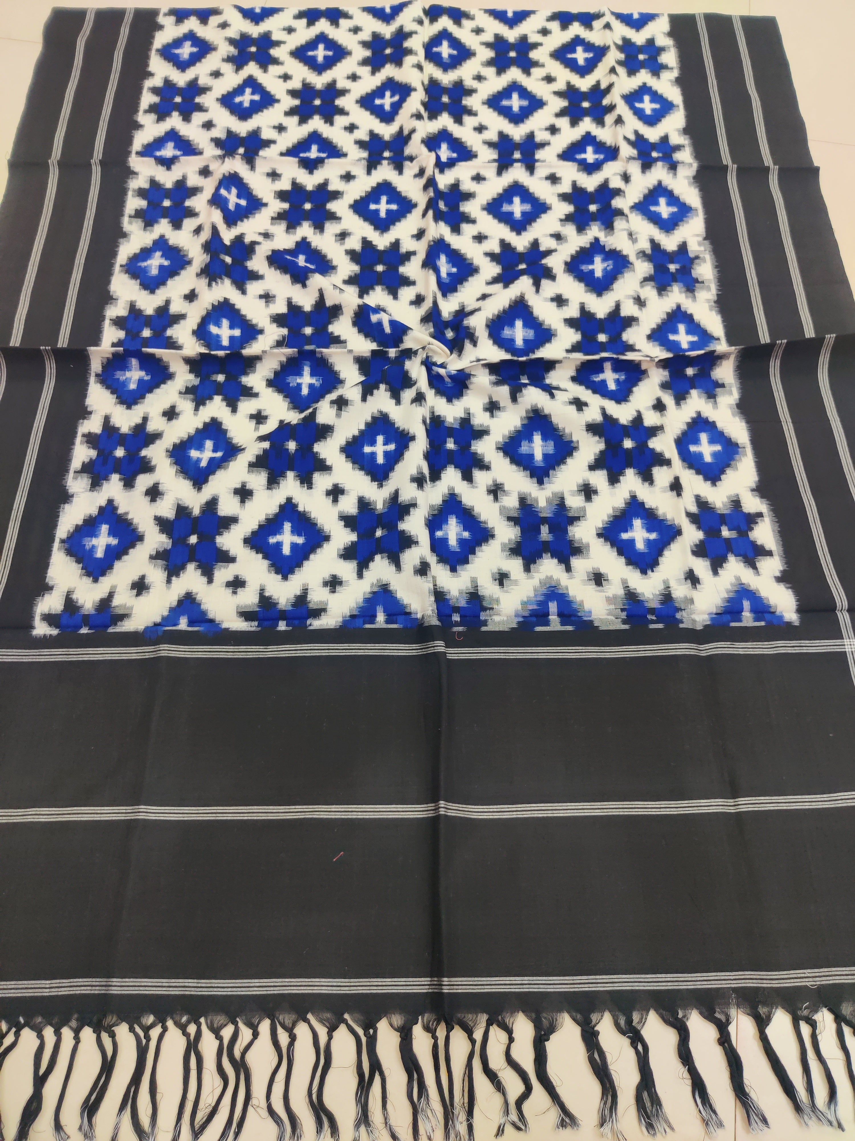 BLUE-BLACK - TELIA RUMAL HANDLOOM COTTON POCHAMPALLY DOUBLE IKAT DUPATTA 16