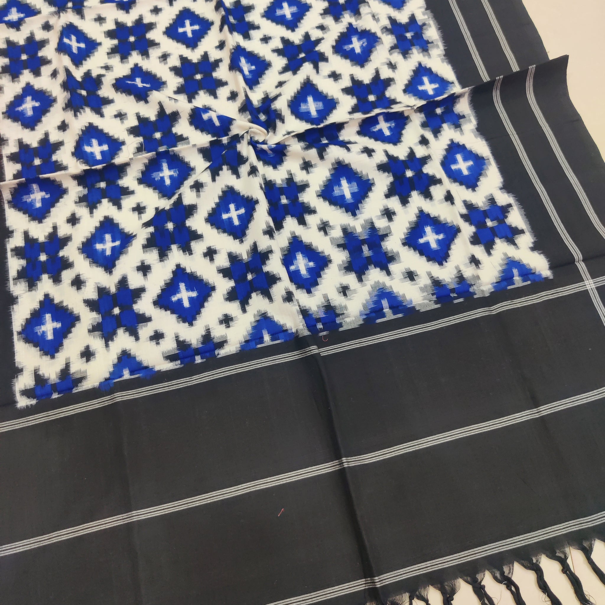 BLUE-BLACK - TELIA RUMAL HANDLOOM COTTON POCHAMPALLY DOUBLE IKAT DUPATTA 16